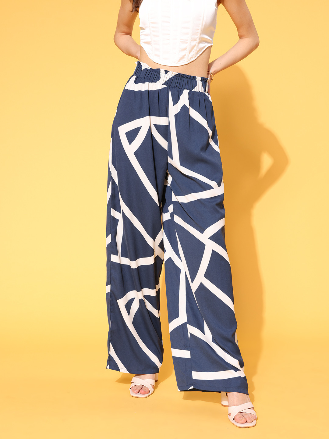Berrylush Women Navy Blue Geometric Roman Column Trousers