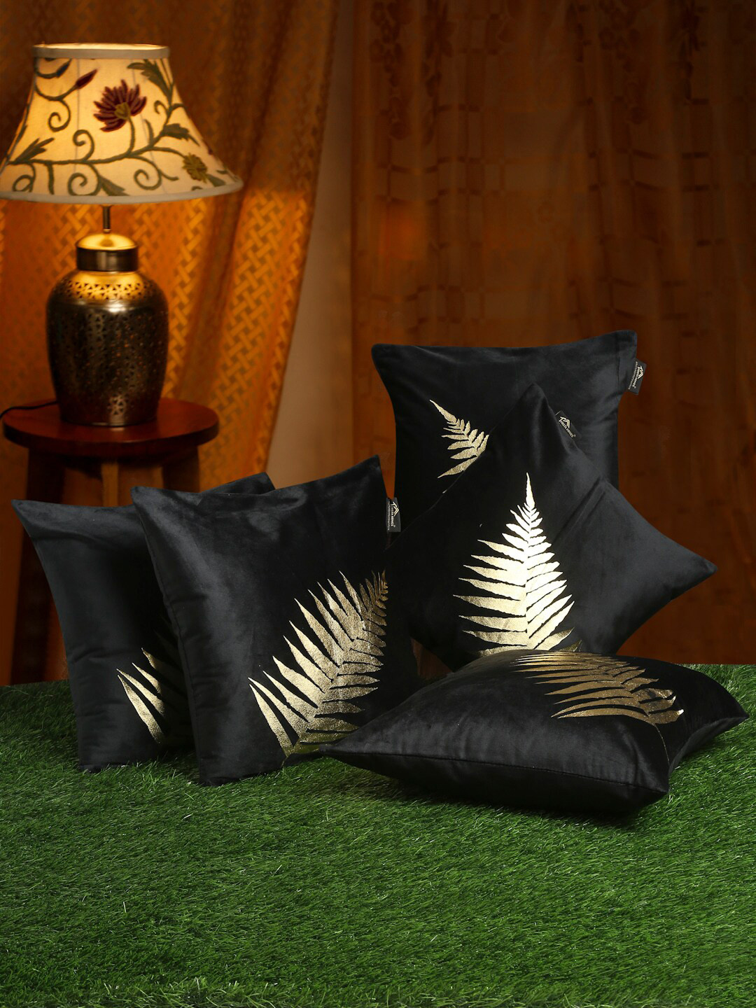 HOSTA HOMES Set of 5 Black & Gold-Toned Floral Velvet Square Cushion Covers