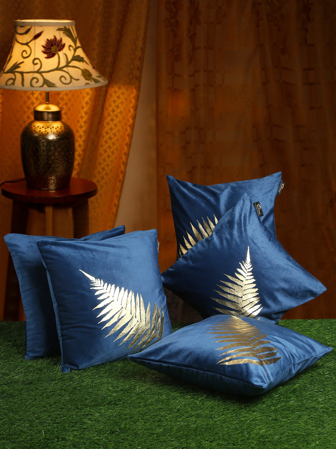 HOSTA HOMES Foil Print Blue Leaf Velvet Washable 5 Piece Square Cushion Covers -16x16In