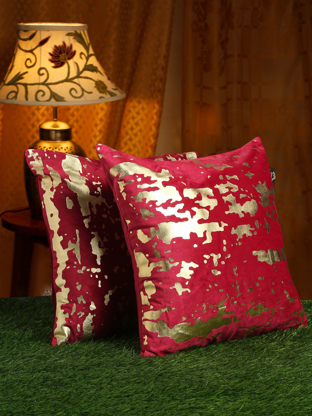 HOSTA HOMES Maroon & Golden Set of 2 Abstract Velvet Square Cushion Covers