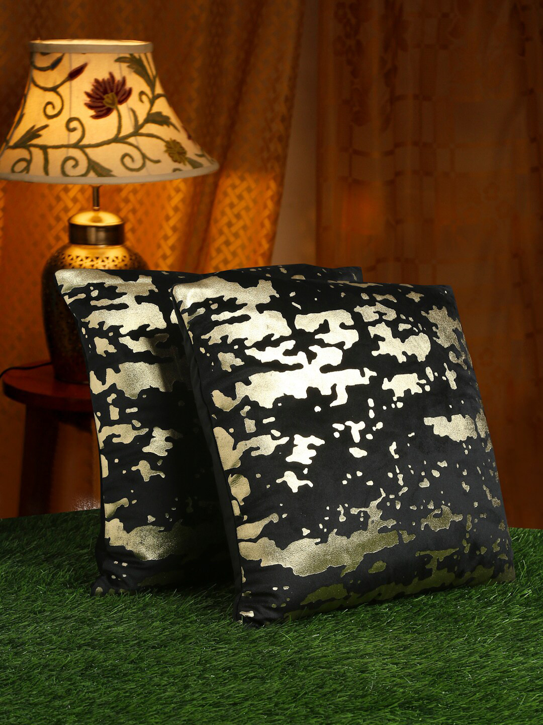 HOSTA HOMES Black & Golden Set of 2 Abstract Velvet Square Cushion Covers