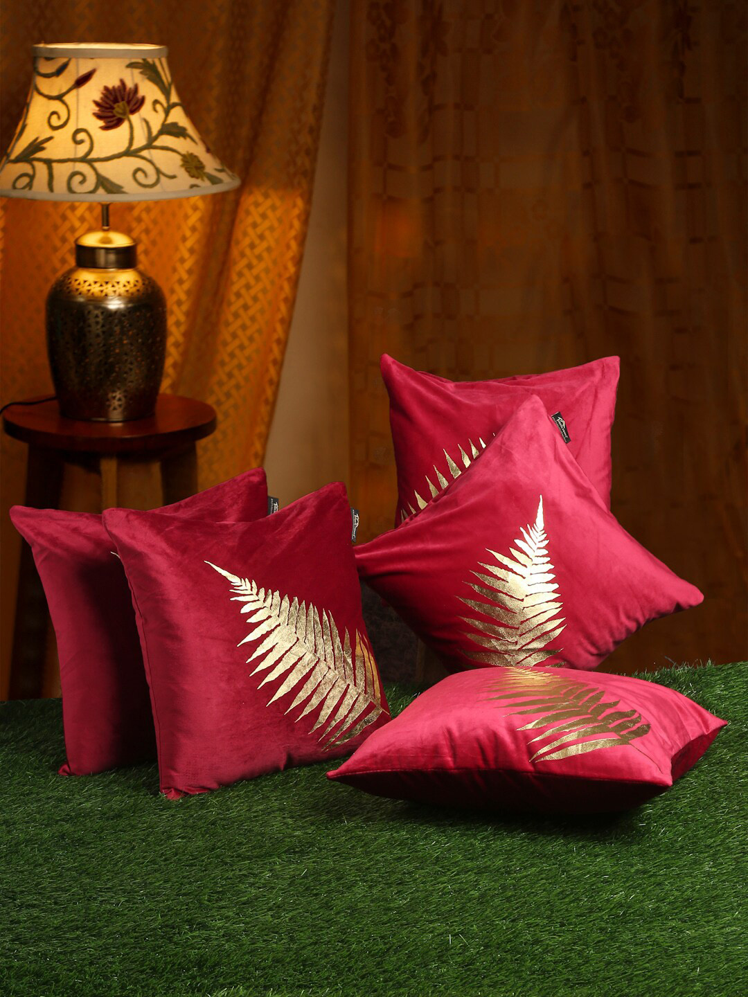 HOSTA HOMES Maroon & Gold-Toned Set of 5 Floral Velvet Square Cushion Covers