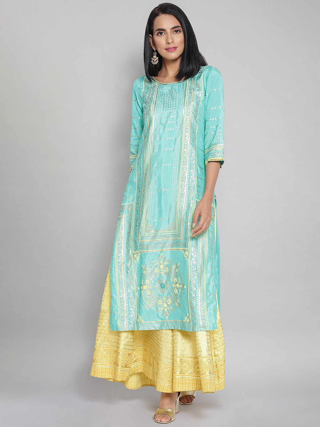 AURELIA Women Peach-Coloured Striped Flared Sleeves Anarkali Kurta