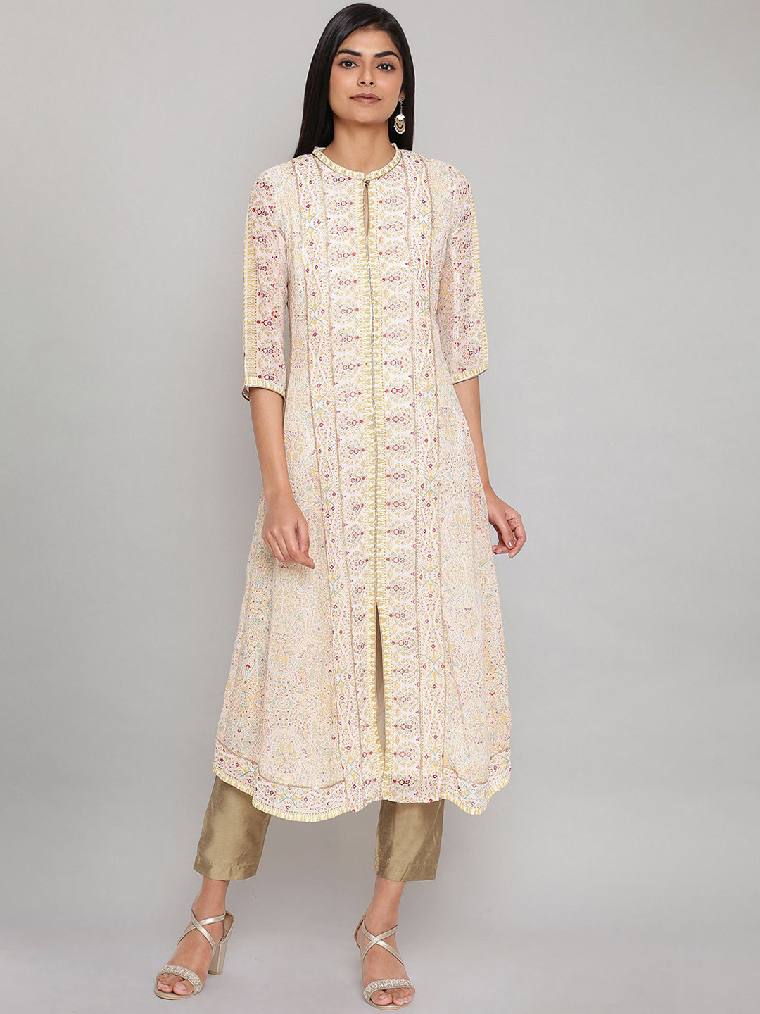 W Women Beige & Olive Green Floral Embellished Keyhole Neck Thread Work Kurta