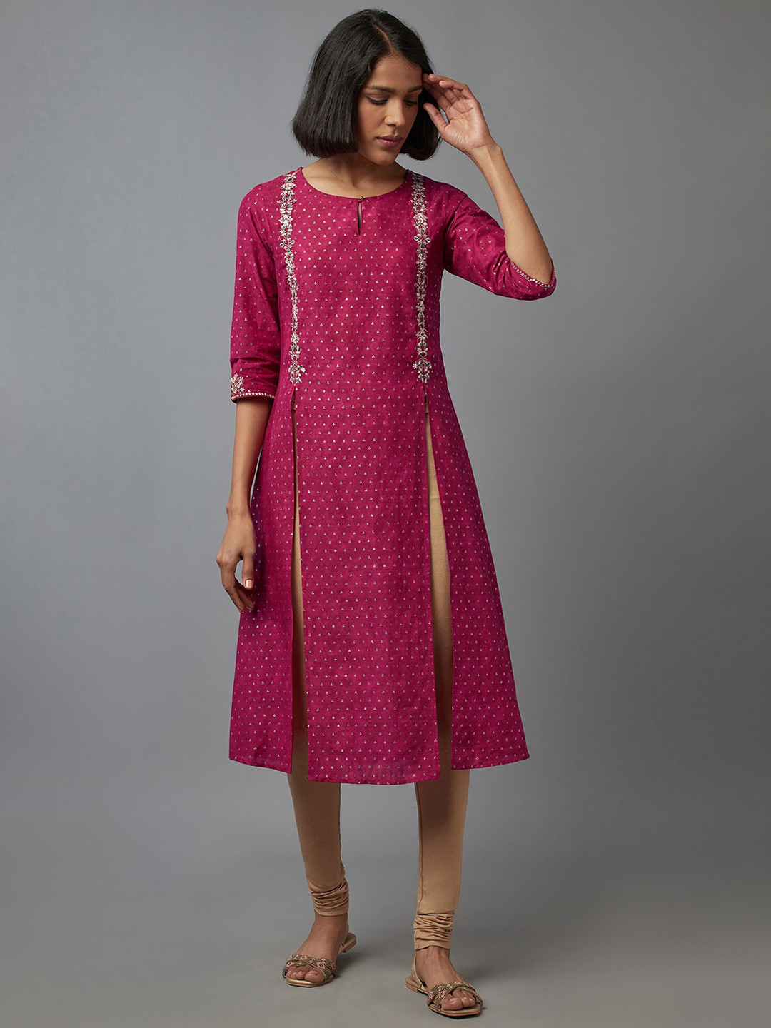 W Women Pink Keyhole Neck Thread Work Kurta