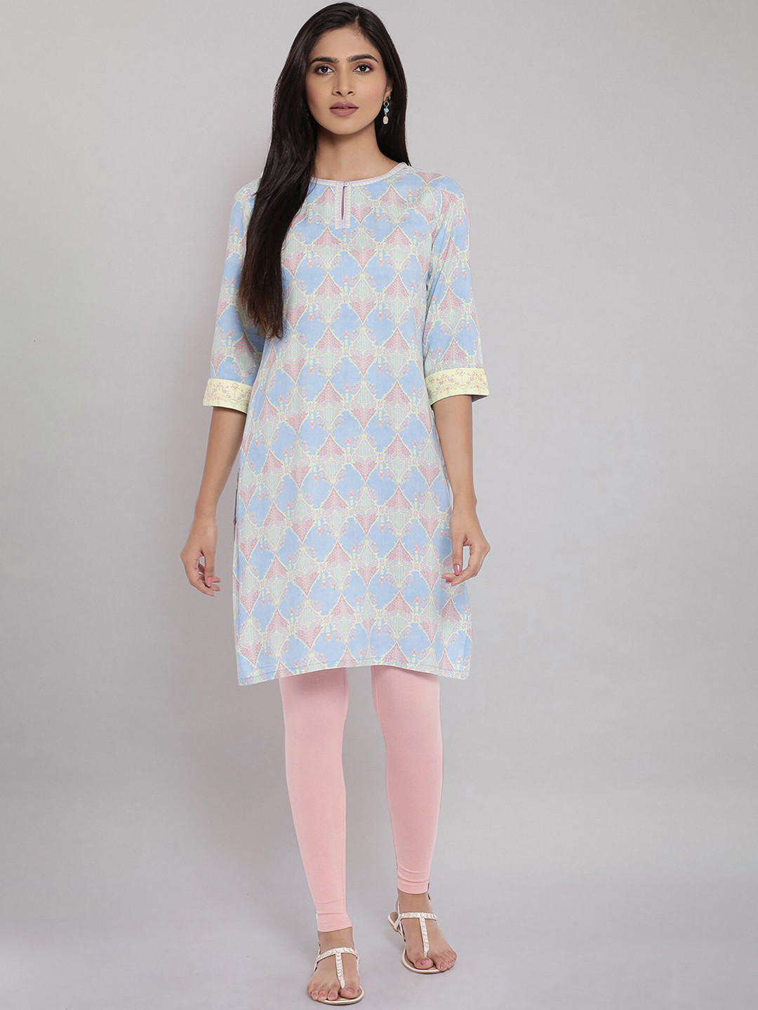 W Women Blue Ethnic Motifs Printed Keyhole Neck Chikankari Kurta