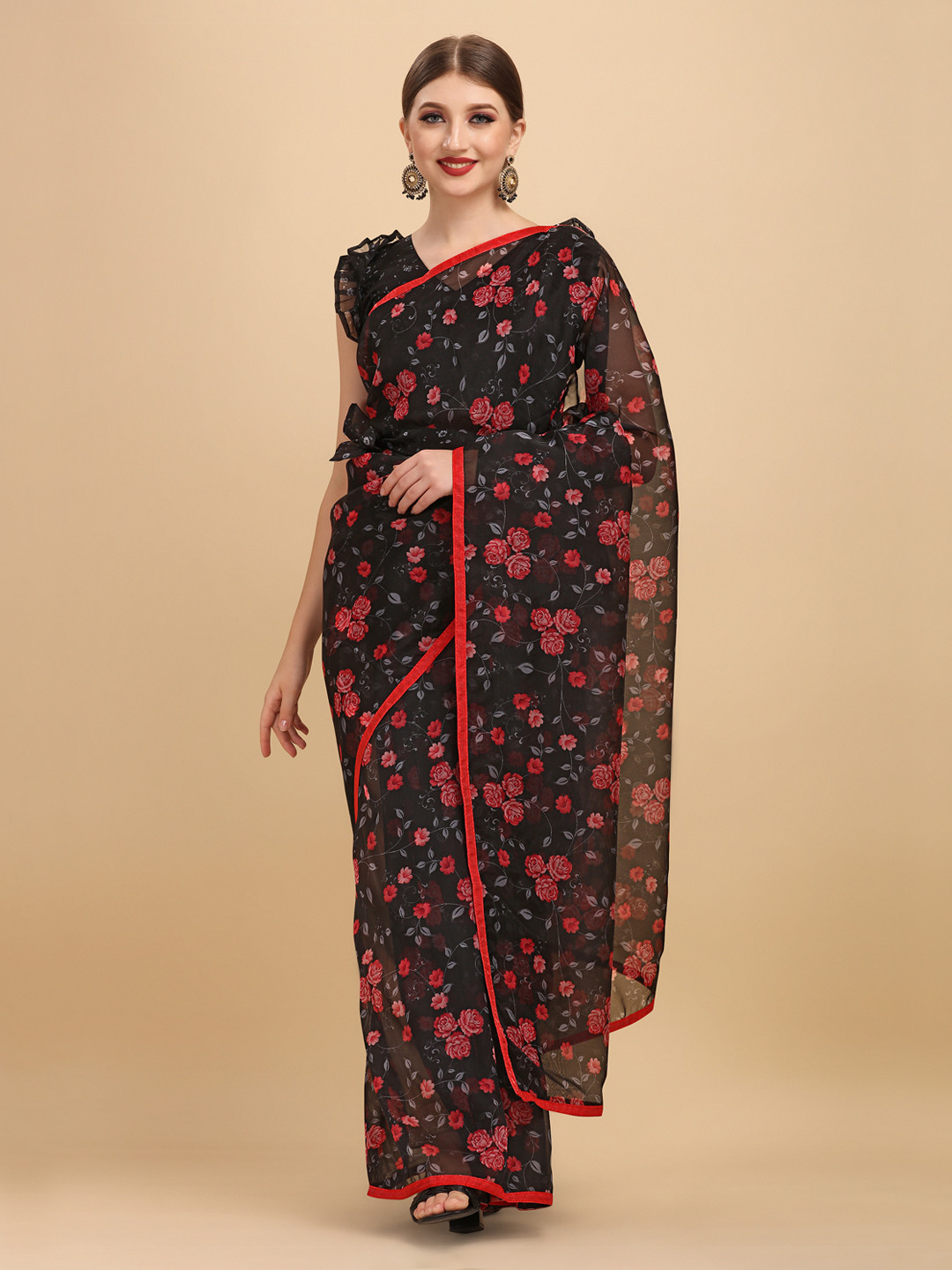 Sangria Black Floral Printed Organza Sarees