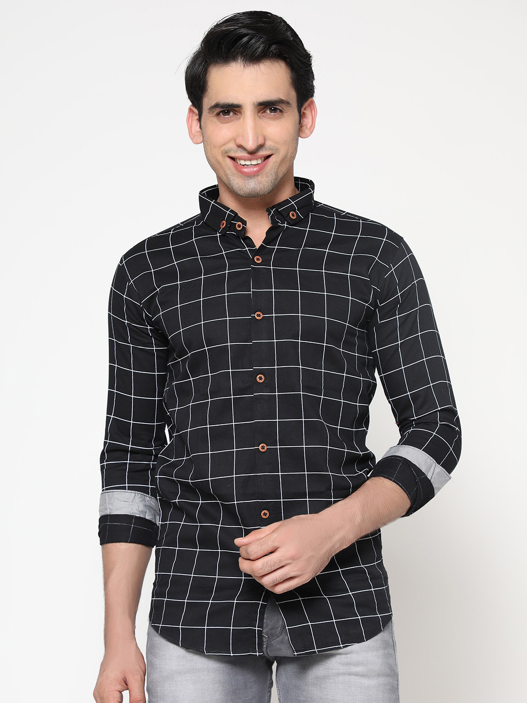 INLERA Men Black Comfort Windowpane Checked Casual Shirt