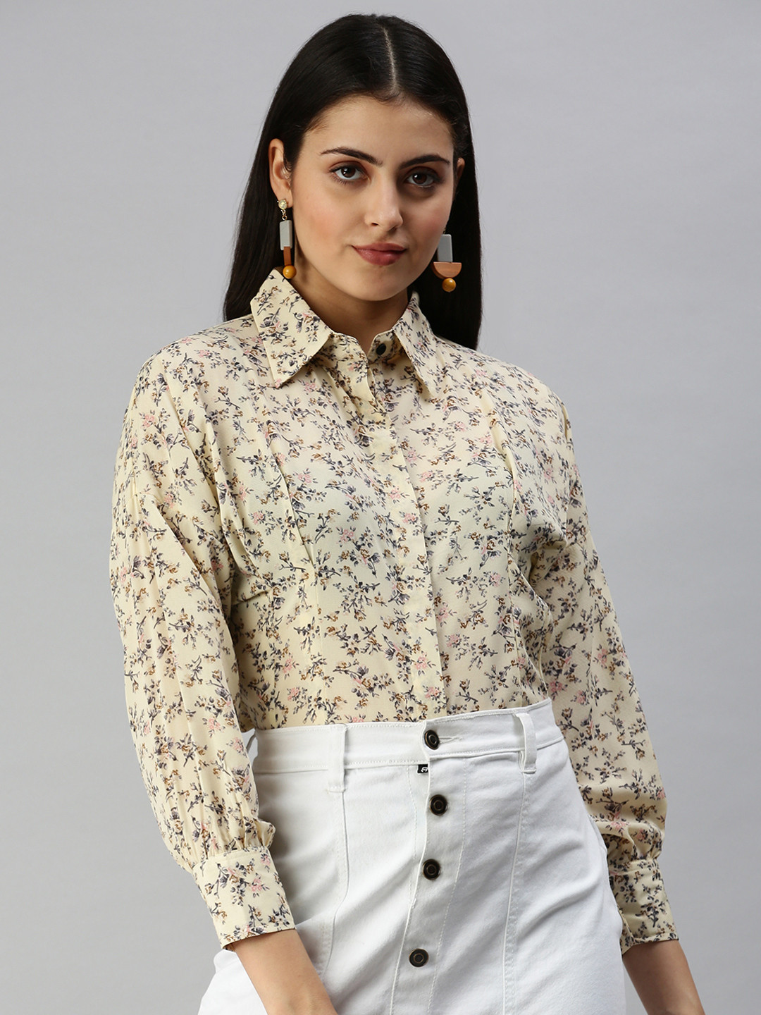 SHOWOFFFF Women Yellow Contemporary Slim Fit Floral Semi Sheer Printed Casual Shirt