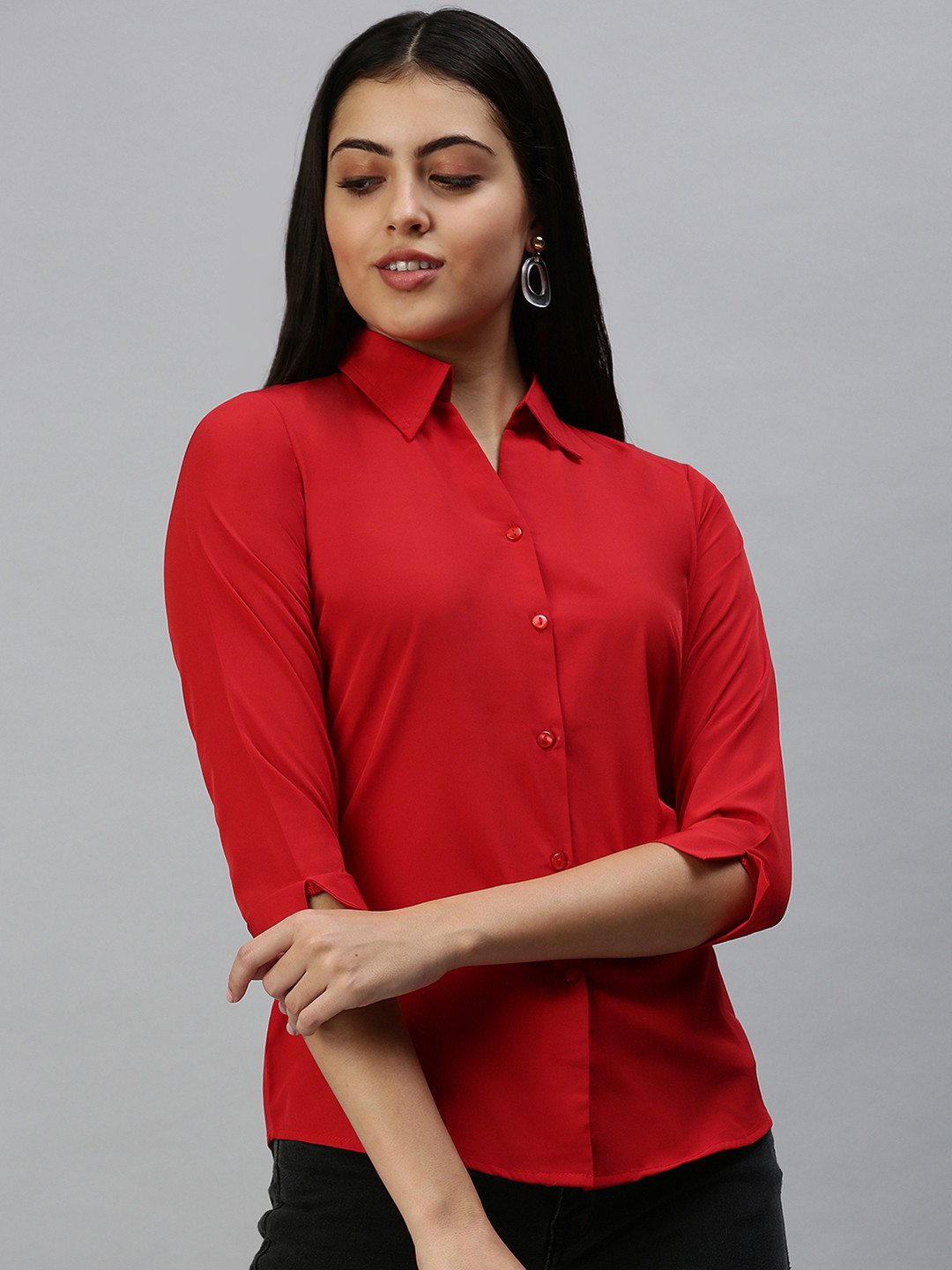 SHOWOFFFF Women Red Comfort Slim Fit Casual Shirt