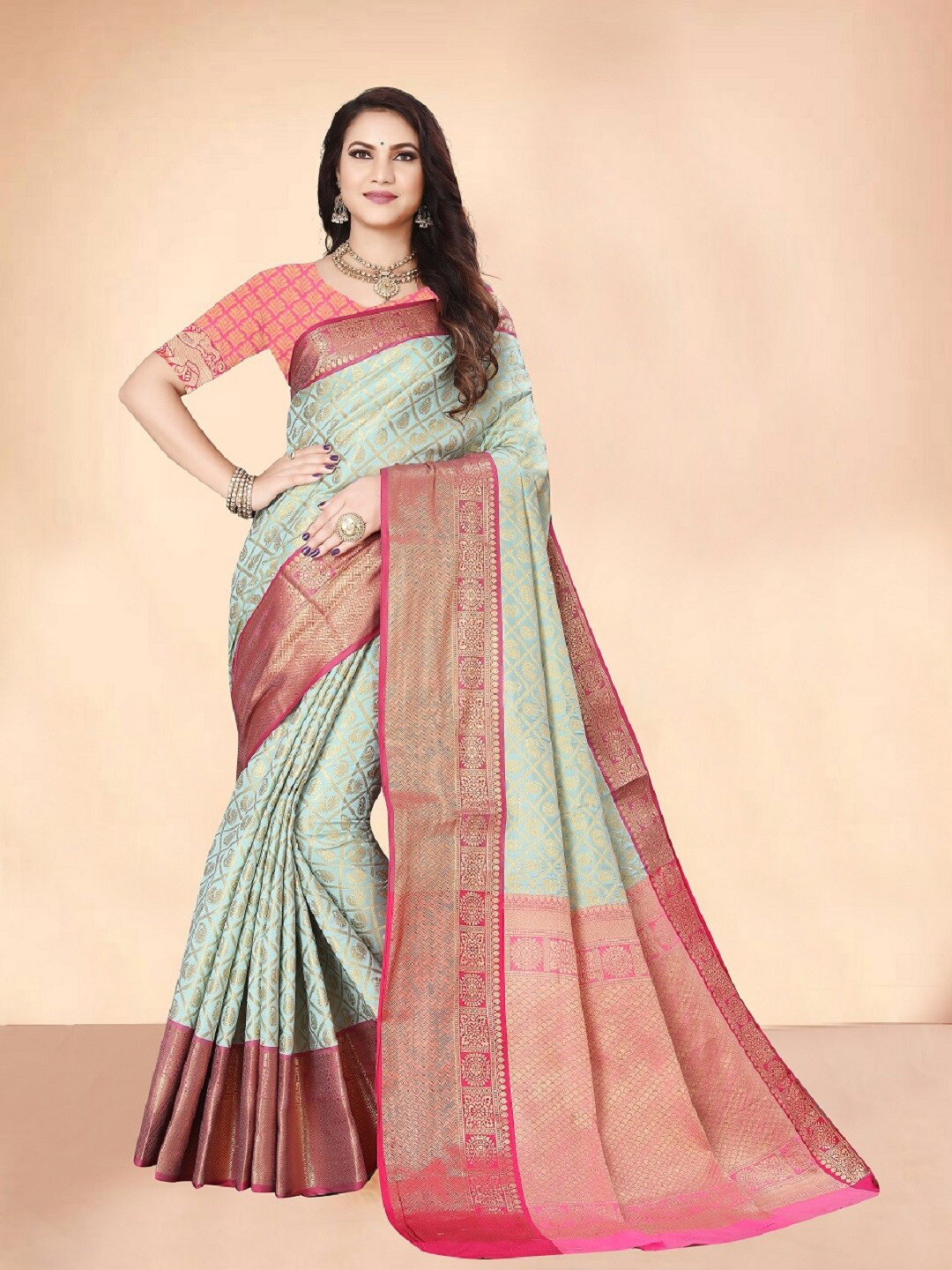 Royal Rajgharana Saree Sea Green & Pink Floral Silk Blend Kanjeevaram Sarees