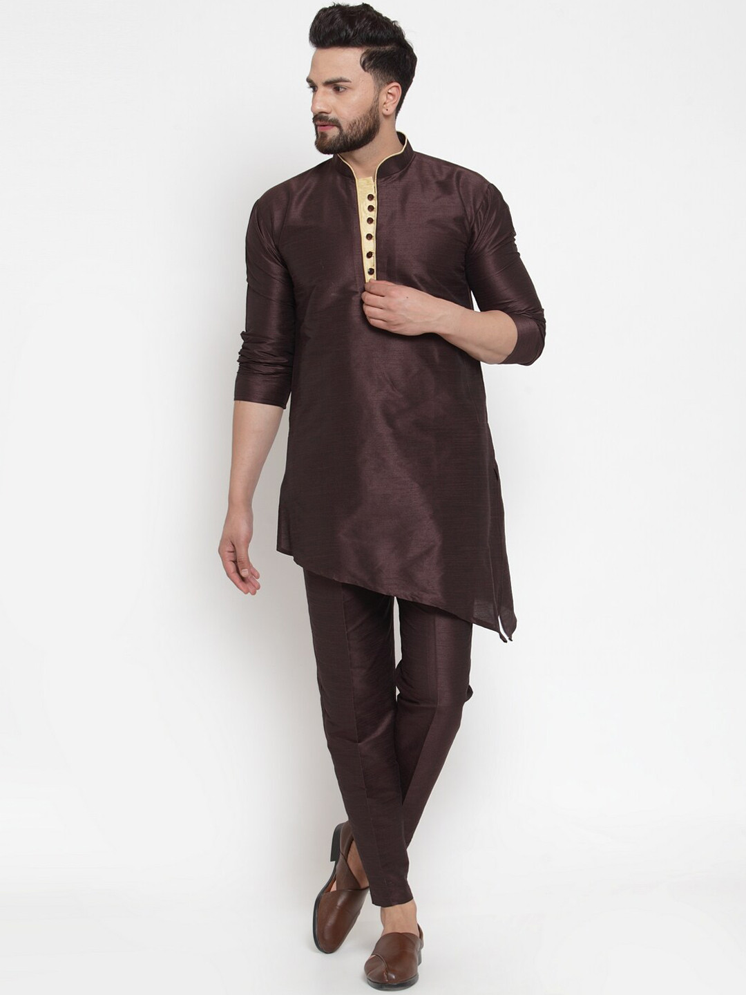 Kaifoo Men Brown Dupion Silk Kurta with Pyjamas