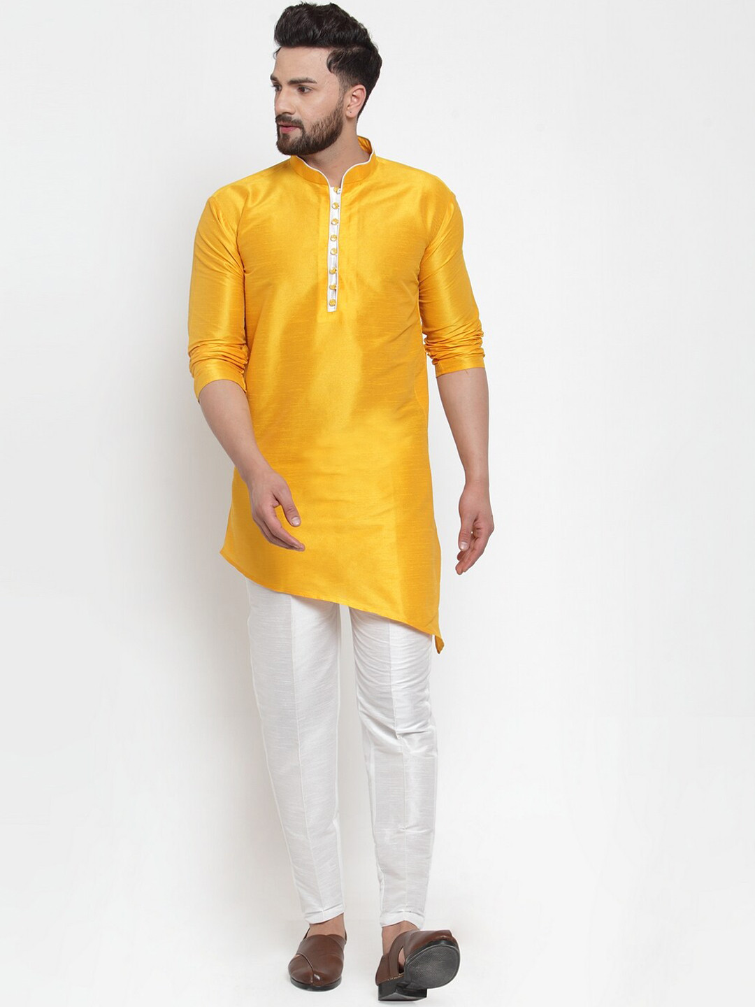 Kaifoo Men Yellow Dupion Silk Kurta with Trousers