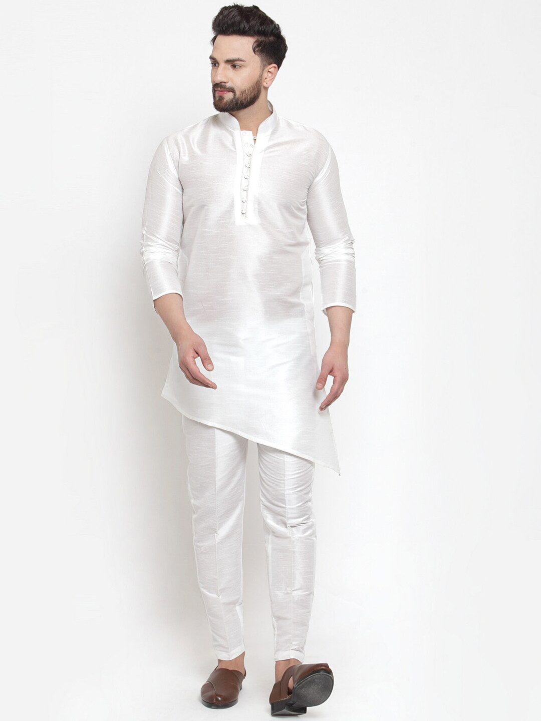 Kaifoo Men White Dupion Silk Kurta with Pyjamas