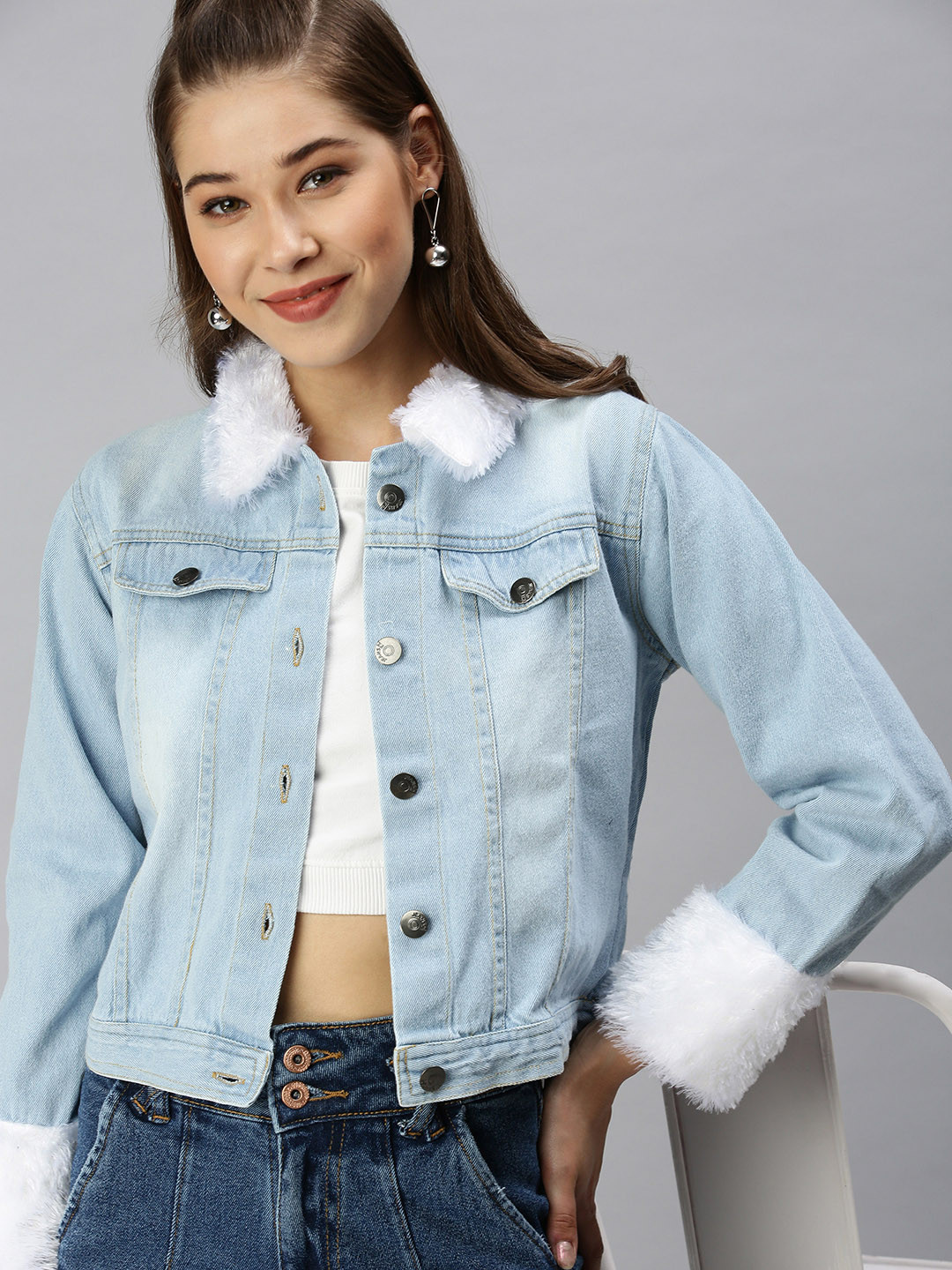 SHOWOFF Women Blue & White Washed Denim Jacket