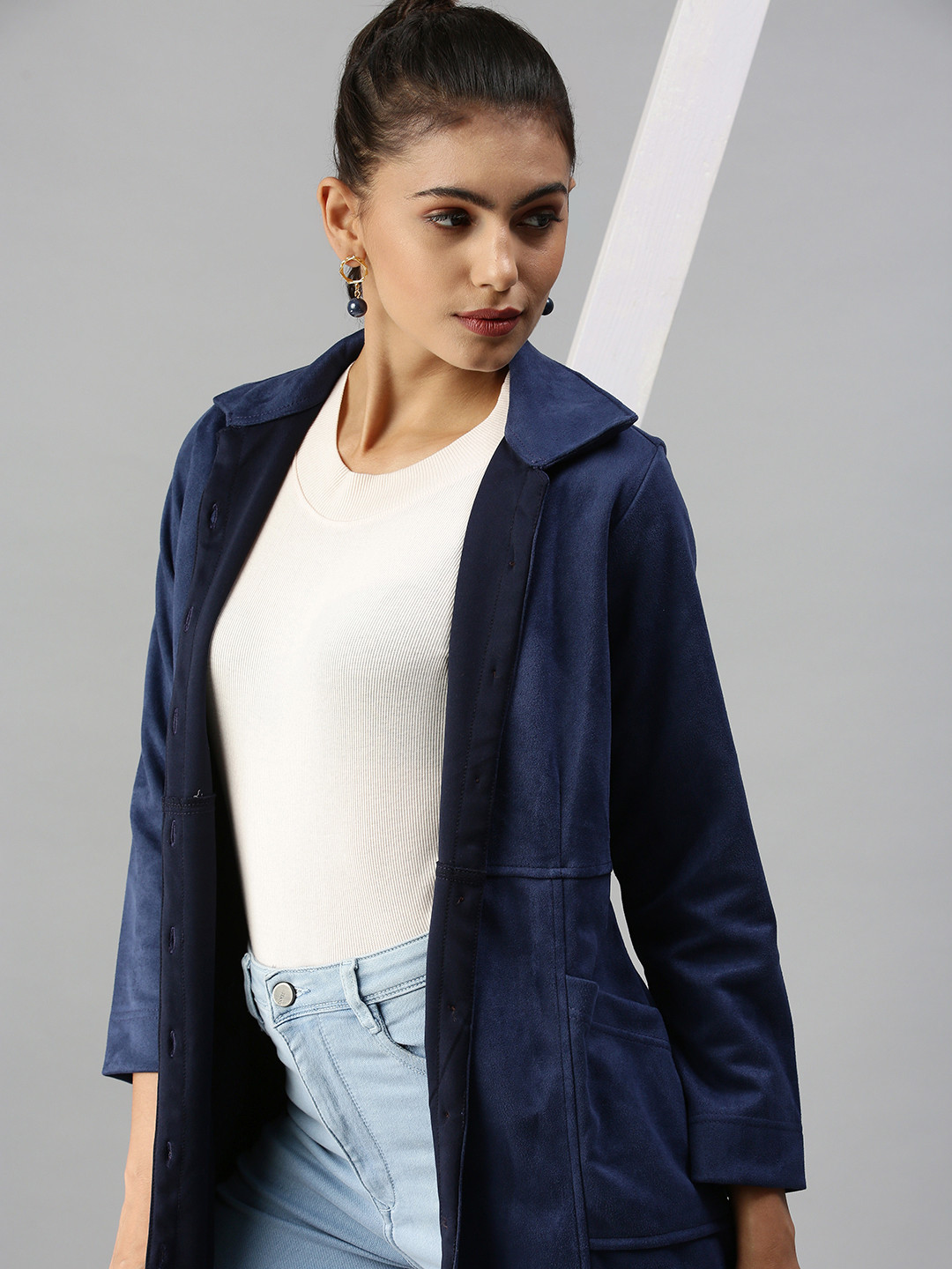 SHOWOFF Women Navy Blue Suede Longline Overcoat