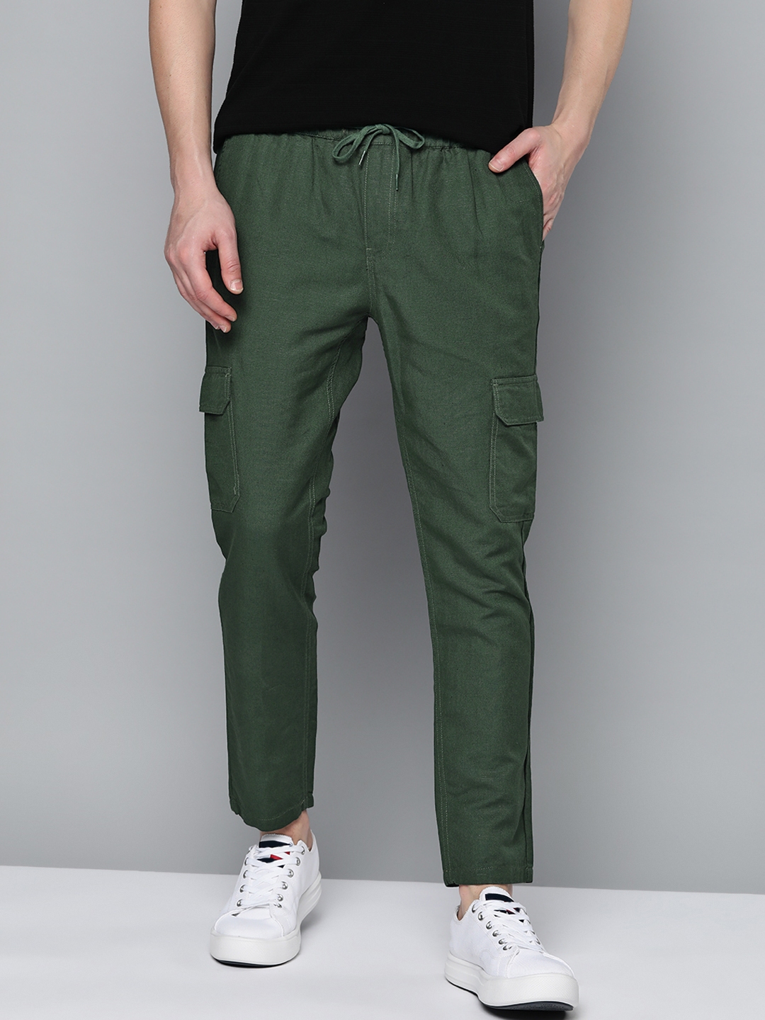 Buy Mast & Harbour Men Green Solid Cotton Linen Cargo Trousers - Trousers  for Men 18248334