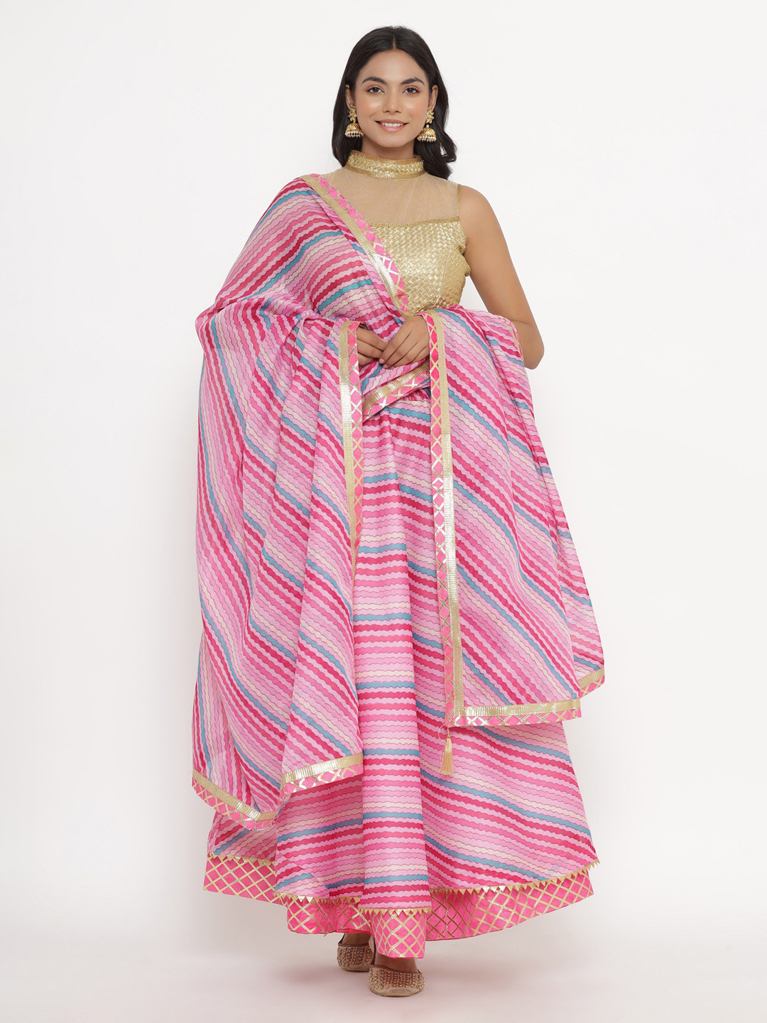 Kesarya Pink & Blue Semi-Stitched Lehenga & Unstitched Blouse With Dupatta