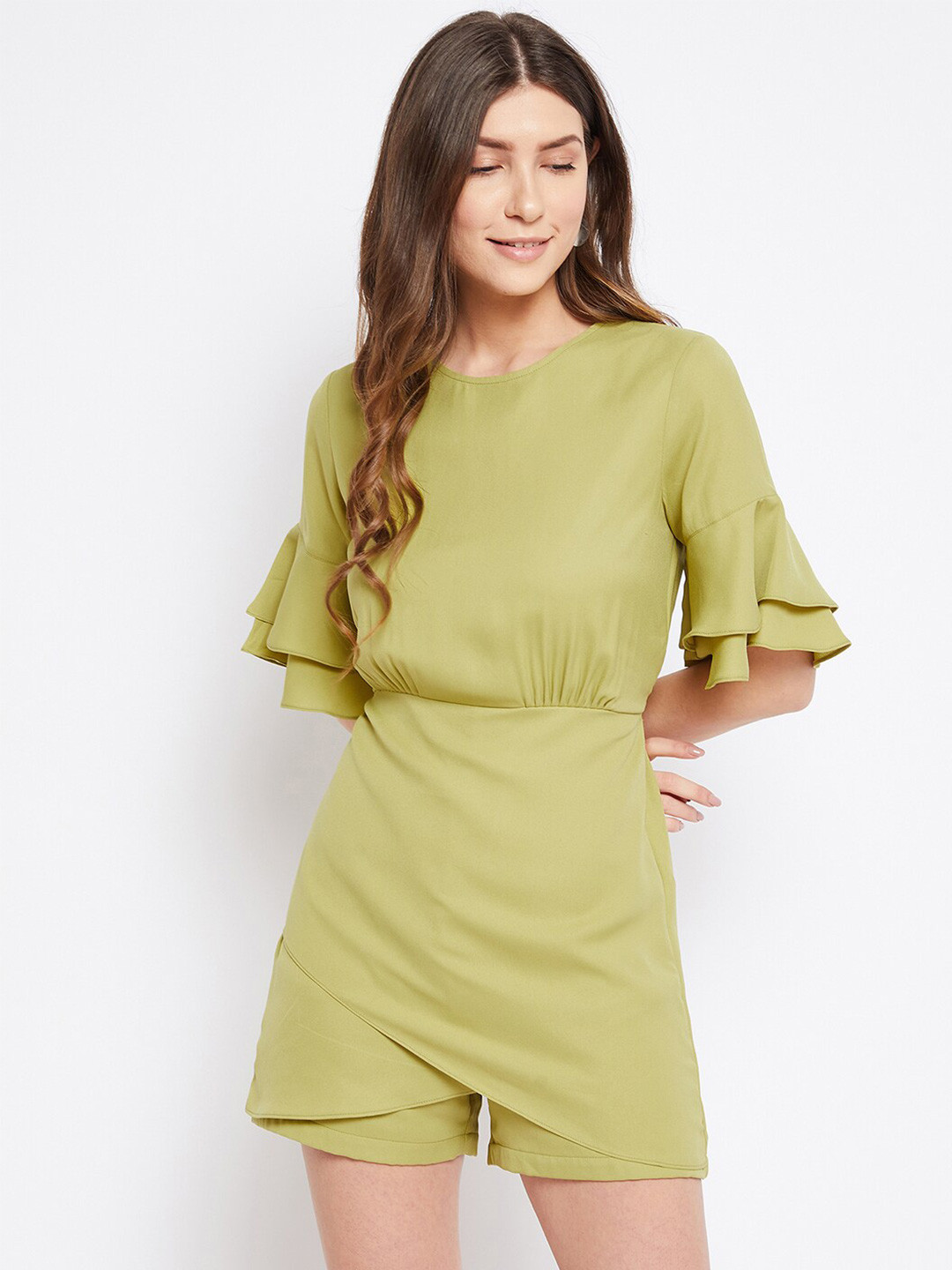 Imfashini Women Lime Green Bell Sleeves Layered Jumpsuit