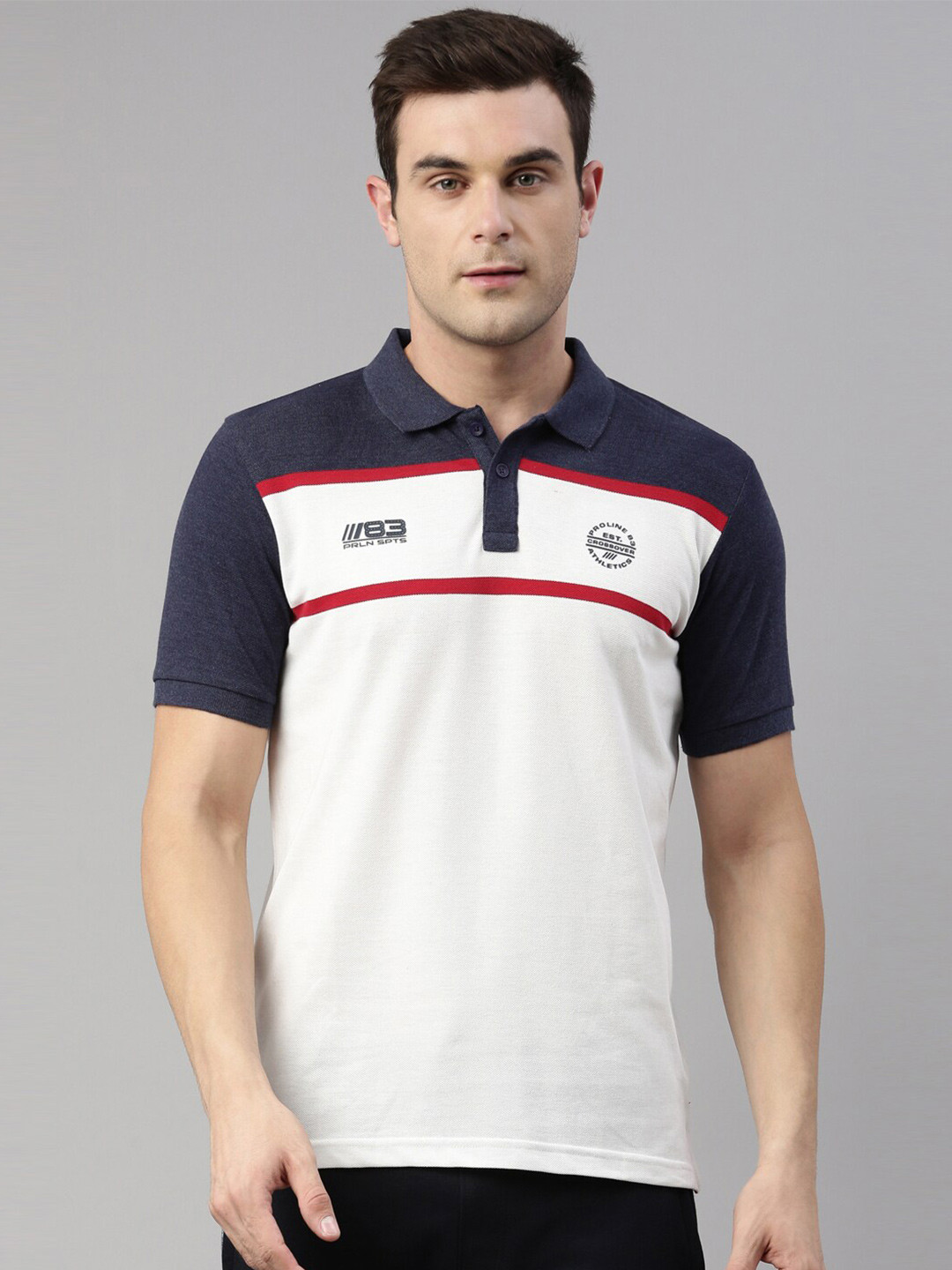 Proline Active Men Off White Colourblocked Polo Collar Organic Cotton Applique T-shirt