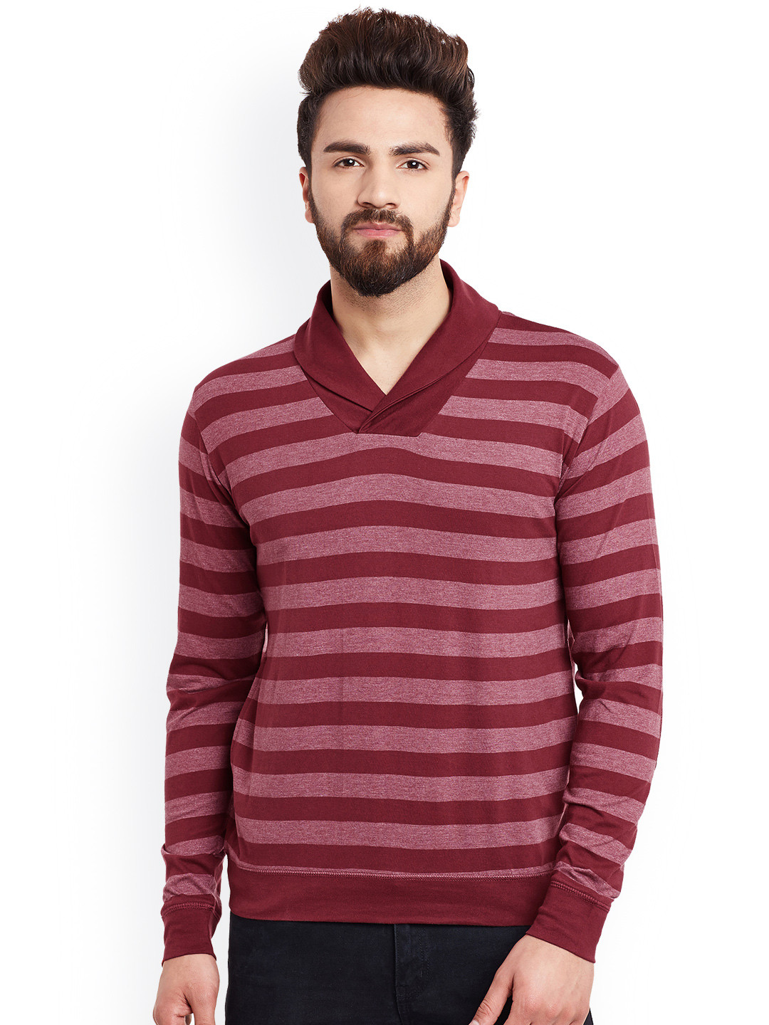 Hypernation Men Maroon Striped Slim Fit Cowl Neck T-shirt