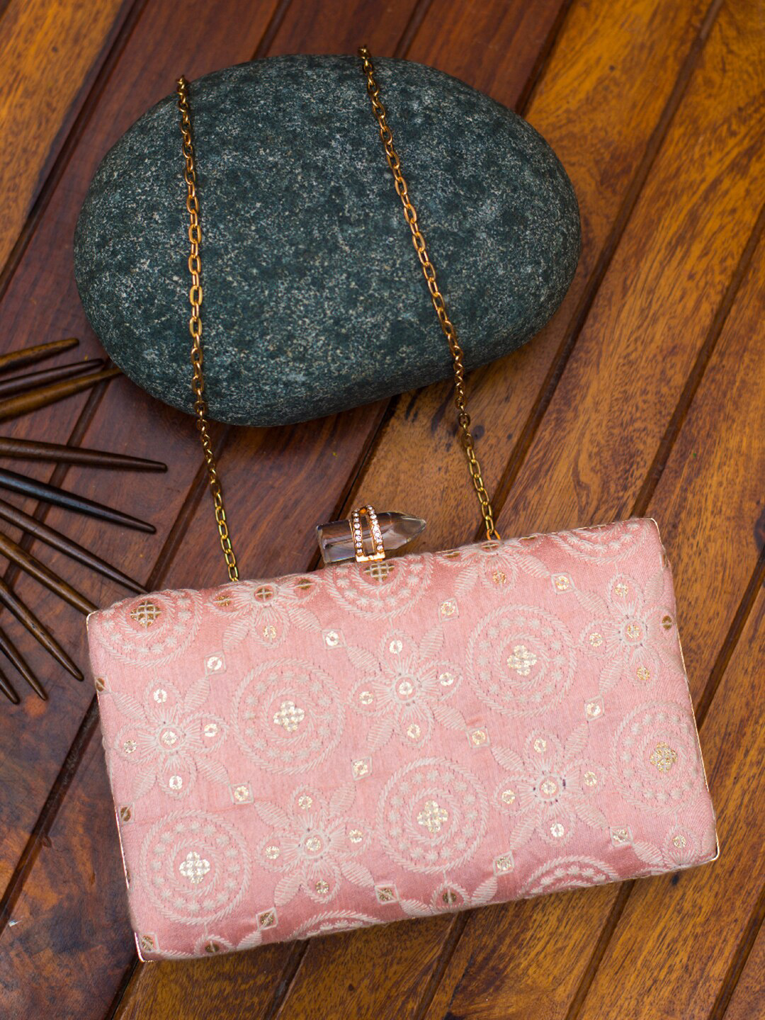 ARTKLIM Pink Embroidered Fringed Box Clutch