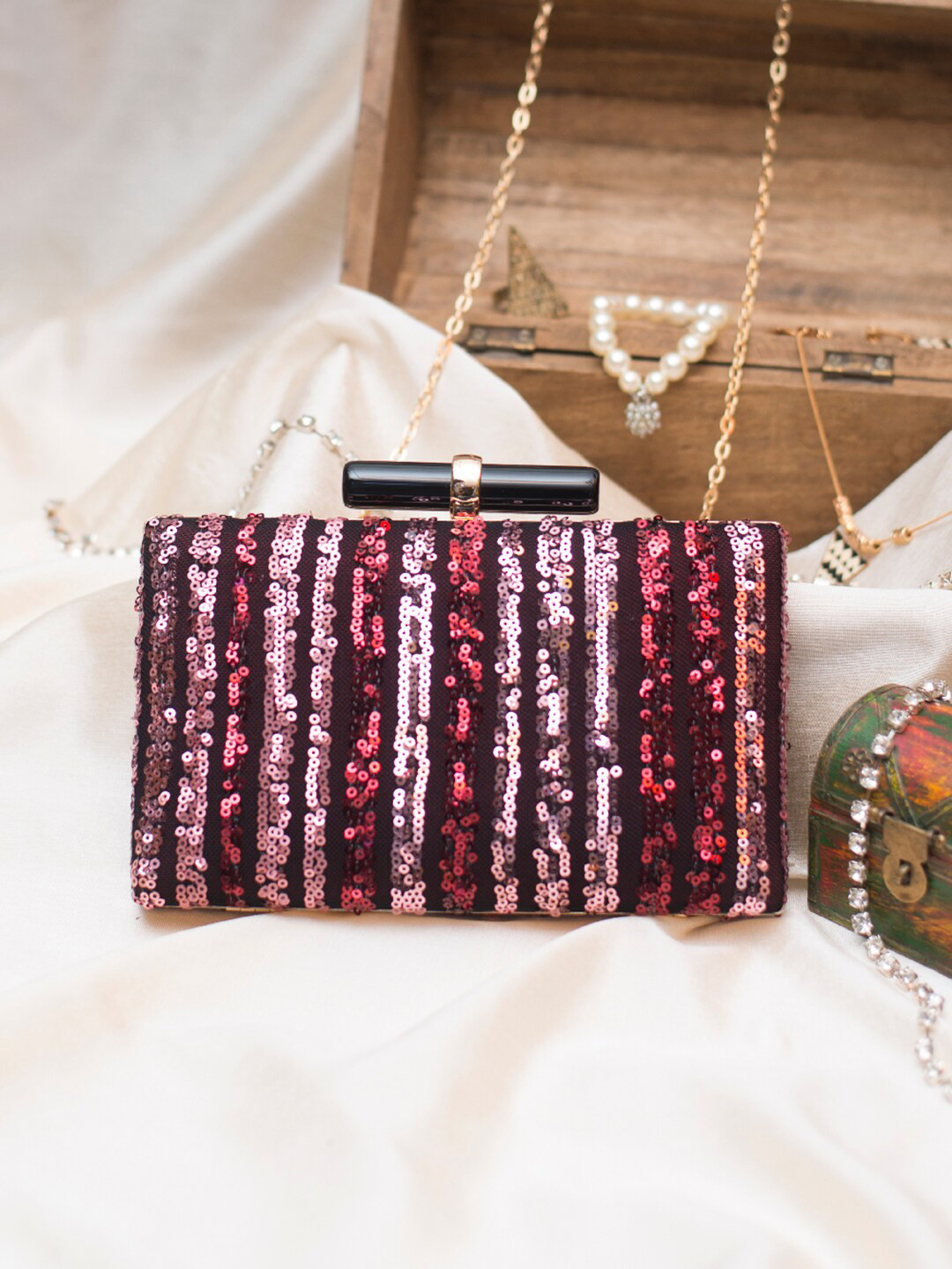 ARTKLIM Maroon & Purple Embroidered Embellished Box Clutch