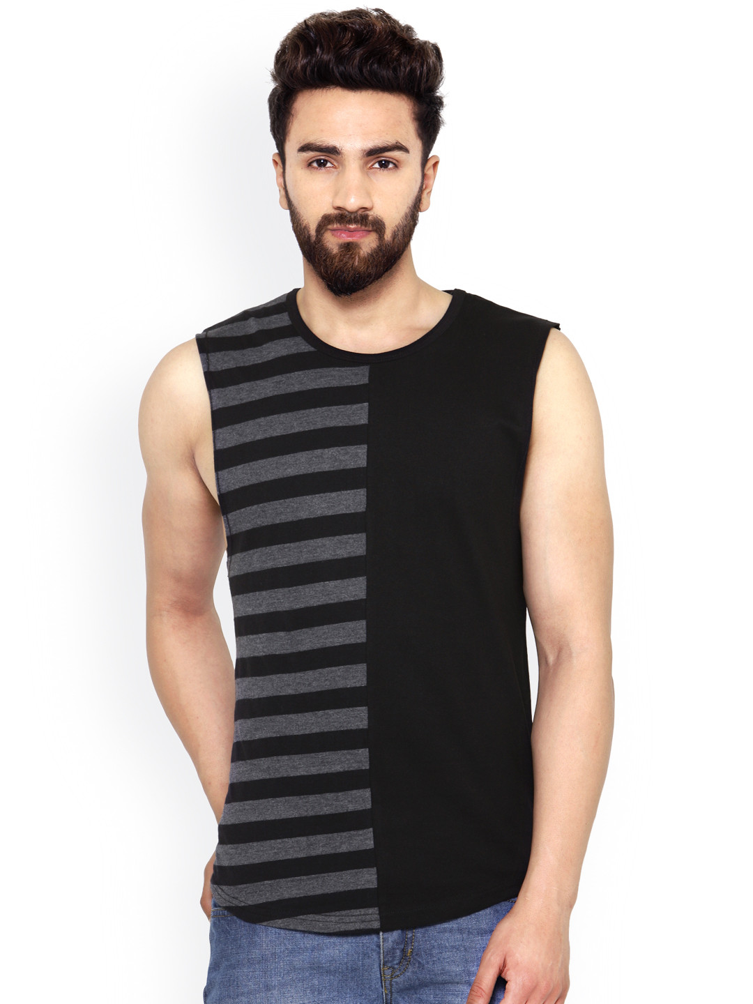 Hypernation Men Black & Grey Striped Slim Fit Sleeveless T-shirt