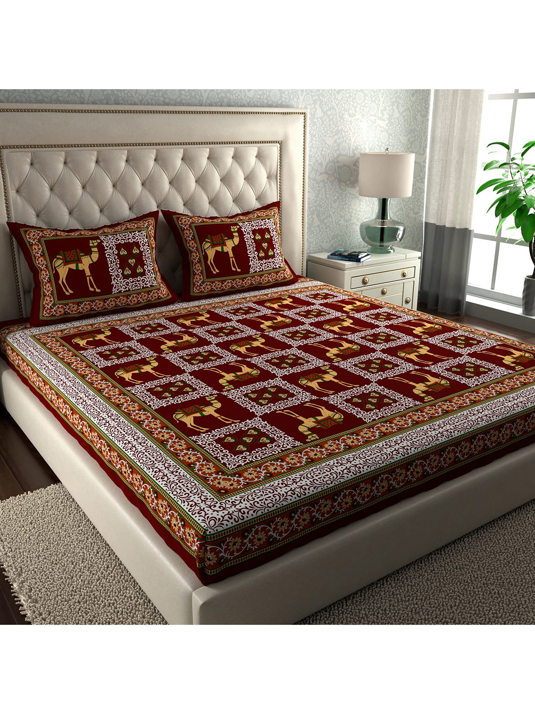 LA VERNE Rajsthani Urban Maroon Ethnic Motifs Cotton 104 TC Fitted Queen Bedsheet with 2 Pillow Covers-87 x 94 inches