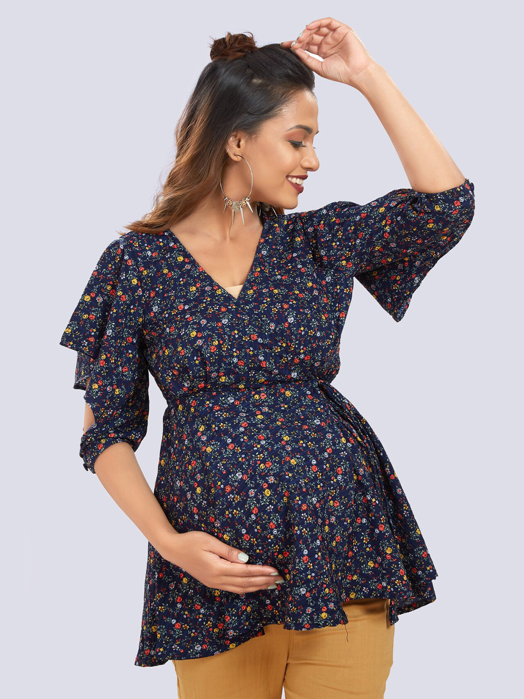 Mom For Sure by Ketki Dalal Blue & Red Floral Print Crepe Maternity Wrap Top