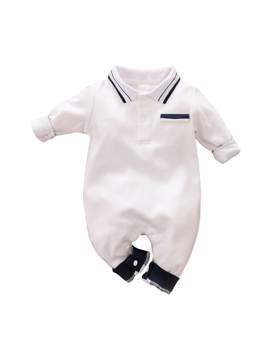 Hopscotch Infant Boys White & Black Solid Cotton Romper