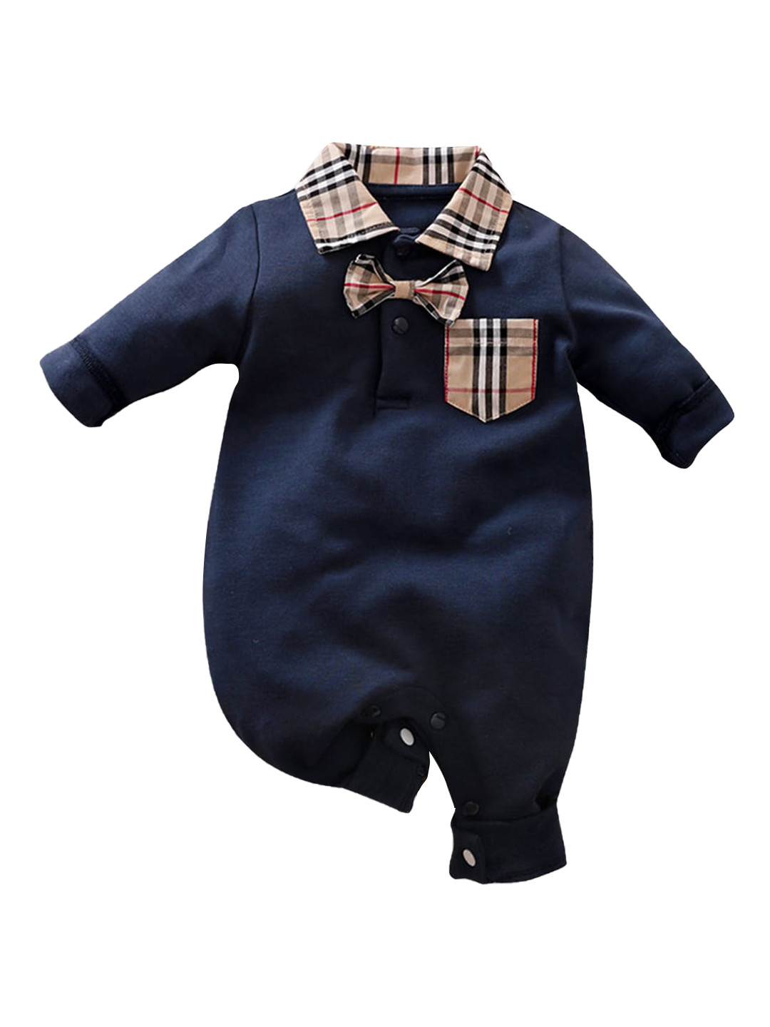 Hopscotch Infant Boys Blue & Brown Checkered Cotton Rompers