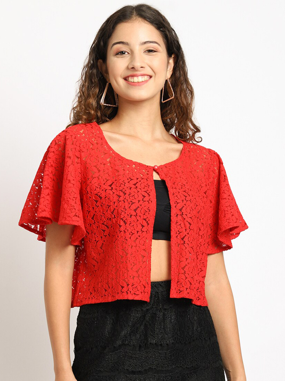 Rute Women Red Self Design Shrug