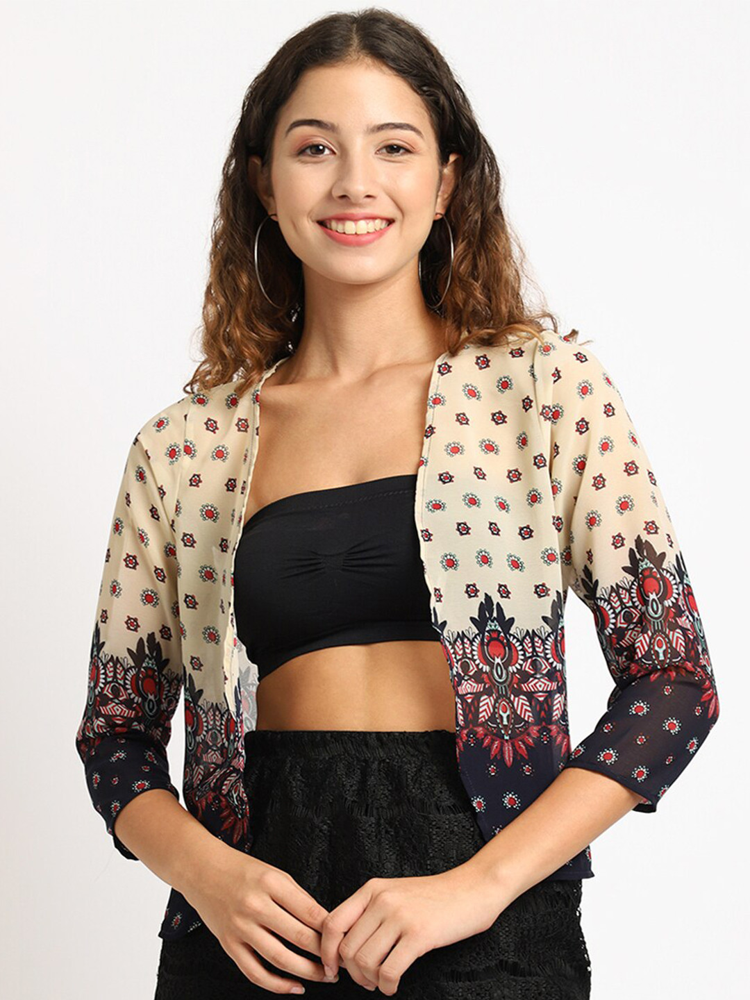 Rute Women Navy Blue & Red Printed Shrug