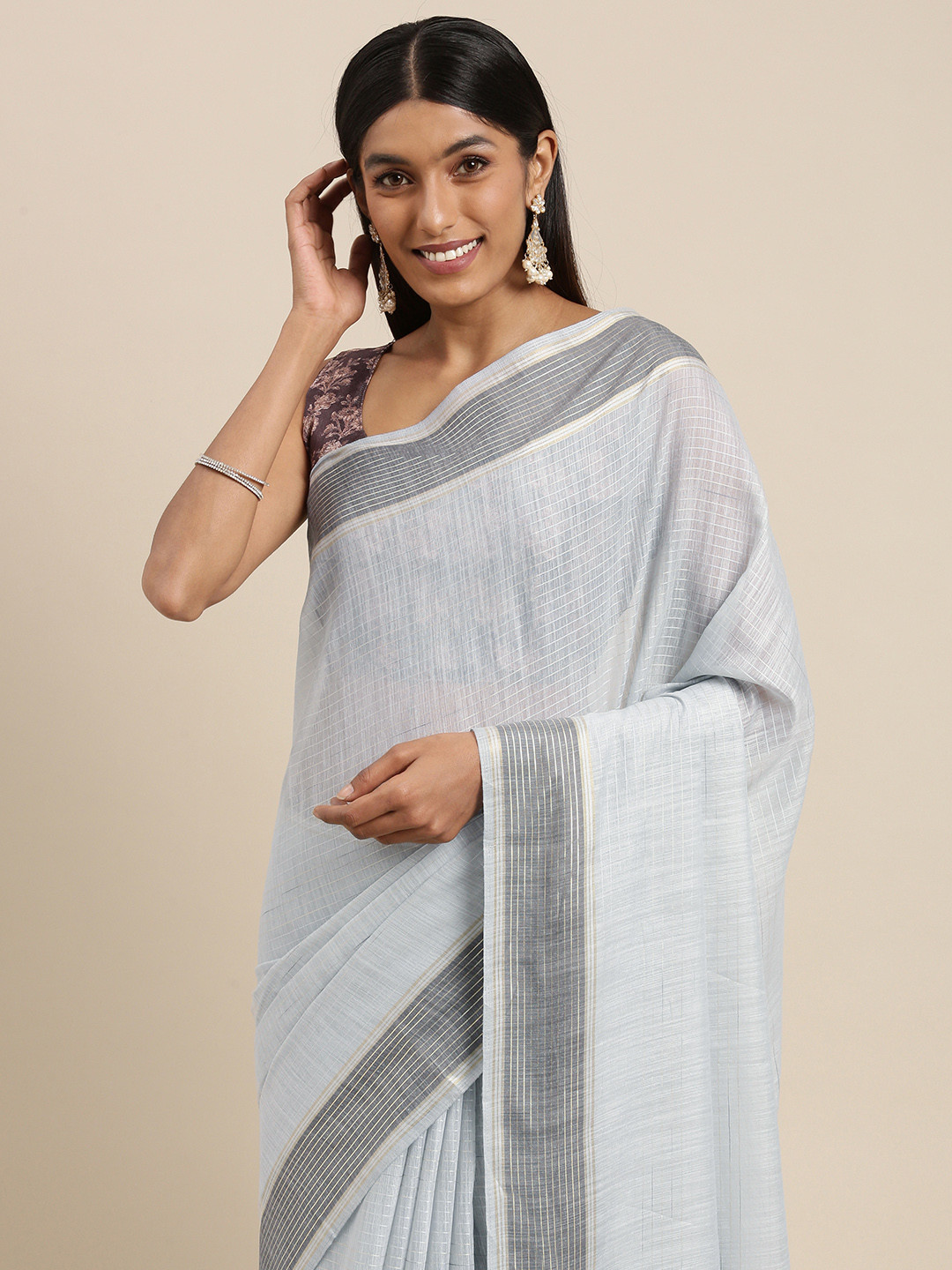 Mitera Grey Striped Silk Cotton Saree
