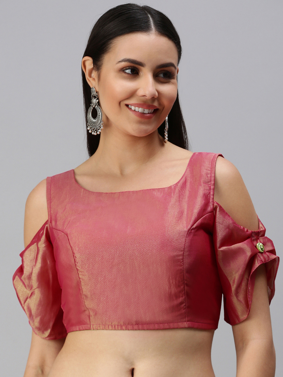 flaher Women Coral Red Solid Zari Padded Saree Blouse with Tie-Ups