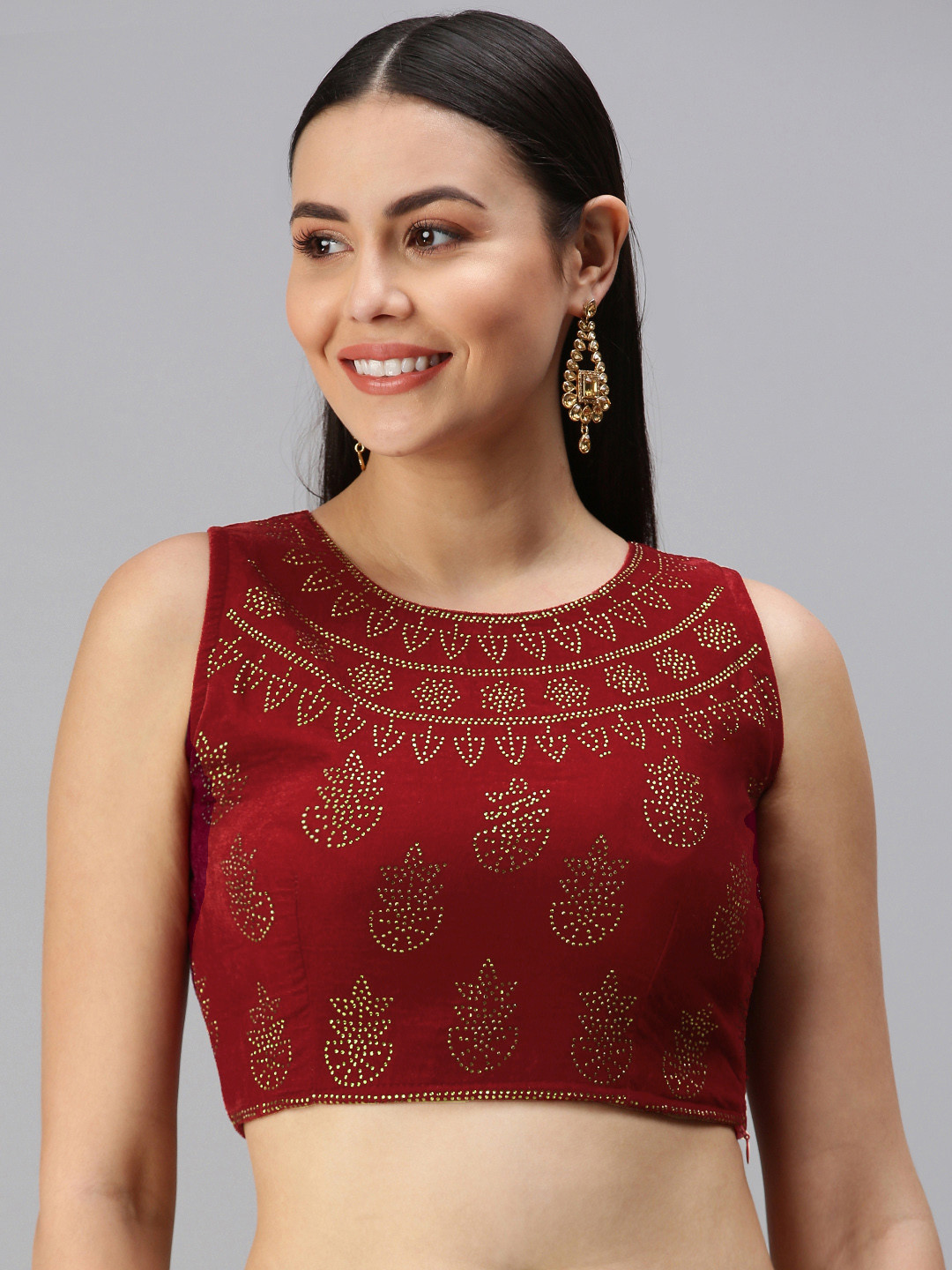 flaher Women Red Swarovski Work Velvet Readymade Padded Blouse