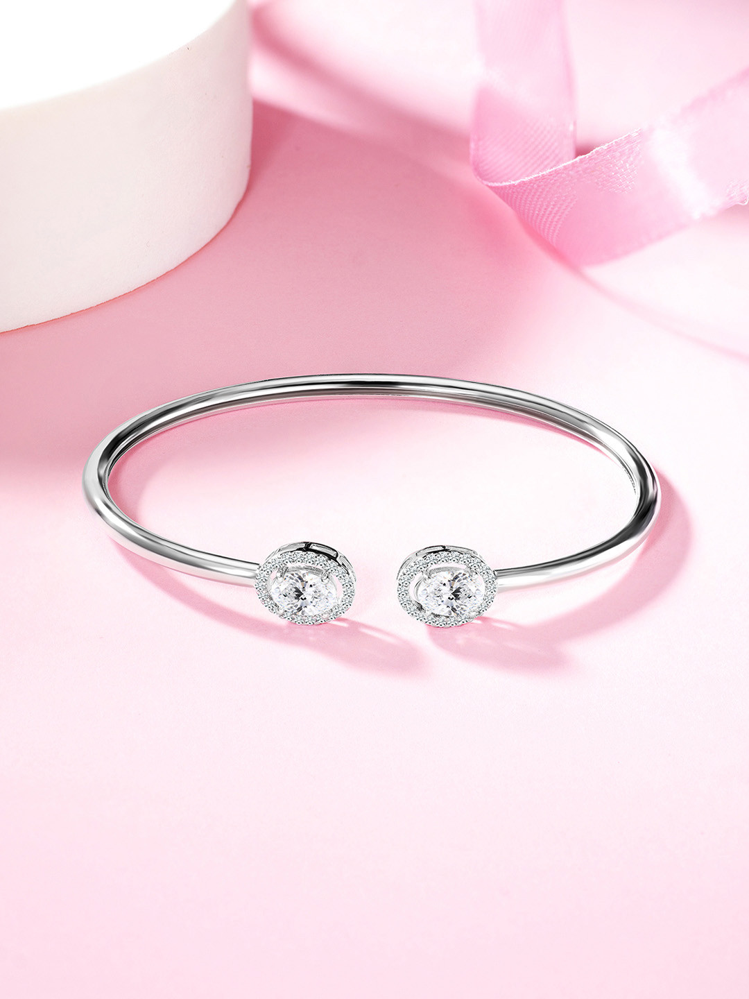 Peora Women Silver-Toned & Transparent American Diamond Silver-Plated Kada Bracelet