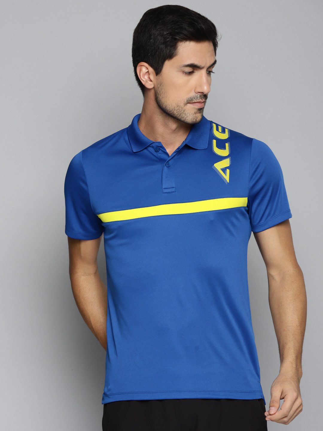 Alcis Men Blue & Yellow Brand Logo Printed Polo Collar Slim Fit Running T-shirt