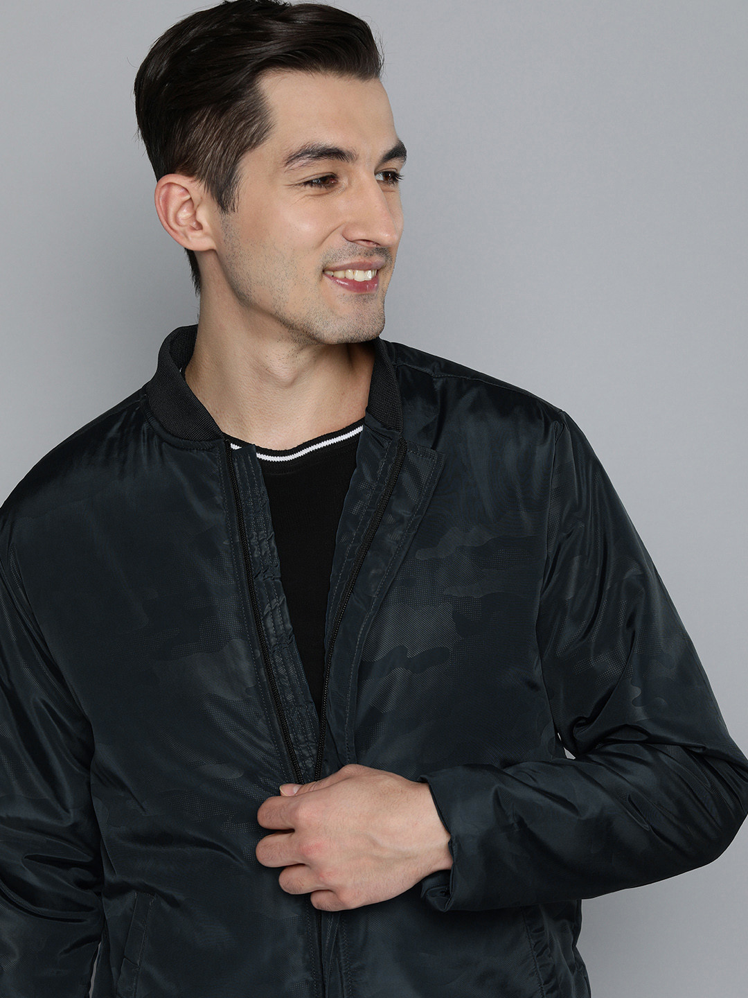 HERE&NOW Men Navy Blue Bronze-Toned Bomber Jacket