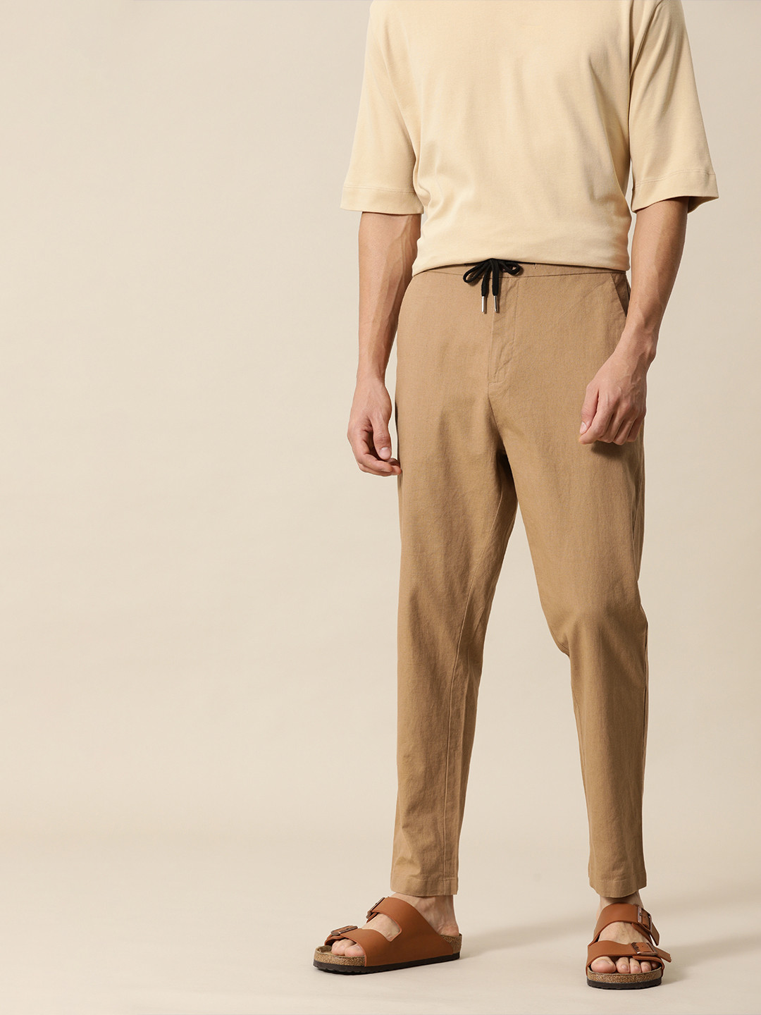Mr Bowerbird Men Brown Solid Mid Rise Cotton Linen Regular Tapered Fit Trousers