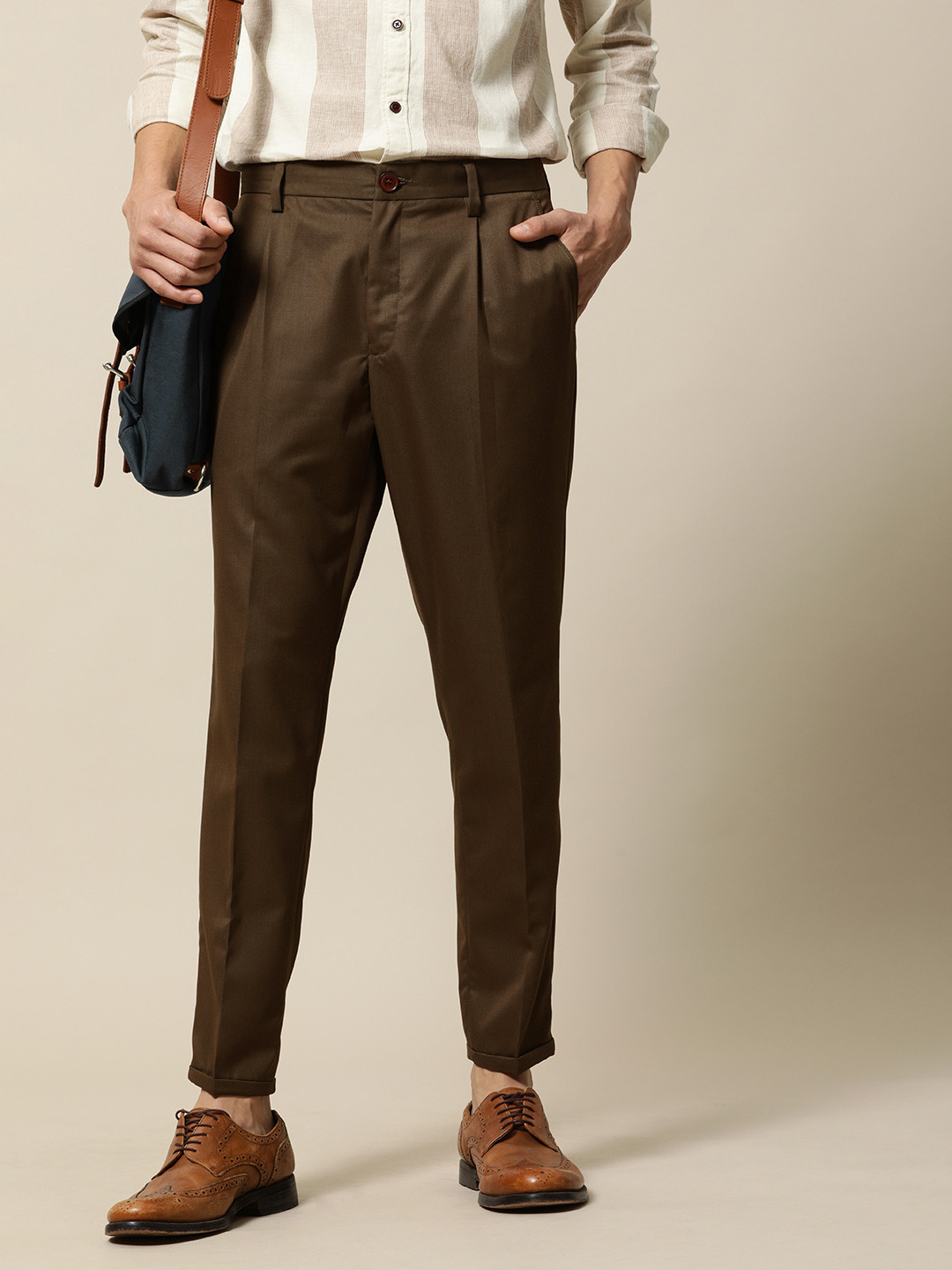 Mr Bowerbird Men Coffee Brown Regular Fit Pleated Trousers