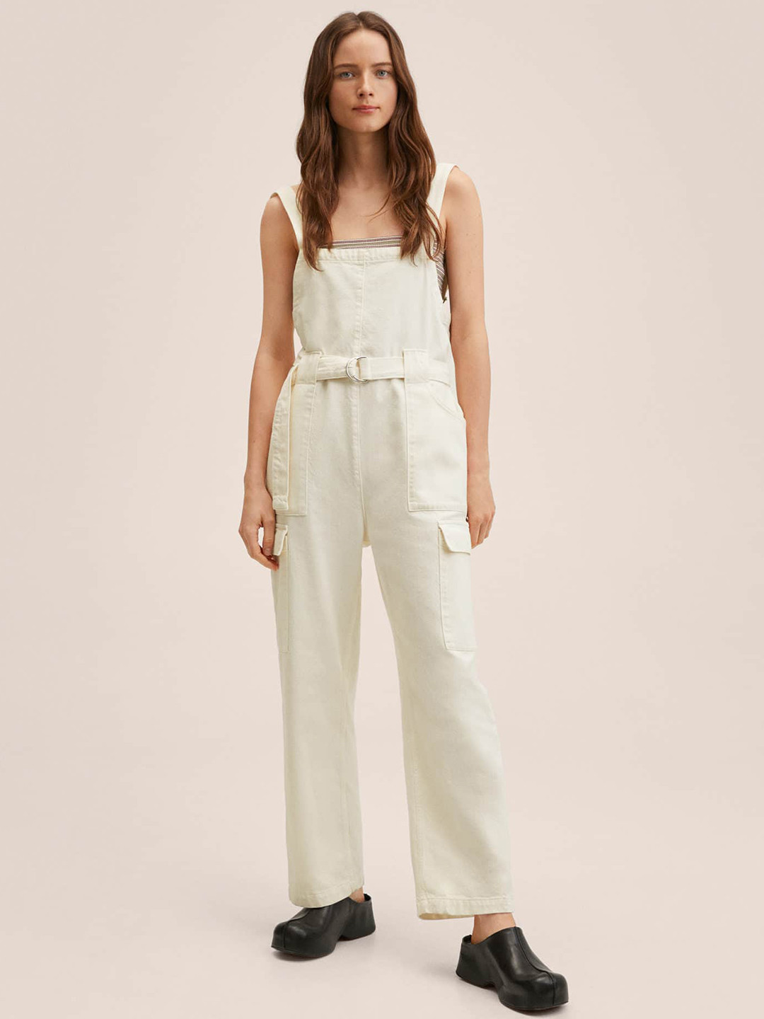MANGO Women White Solid Pure Cotton Denim Dungaree