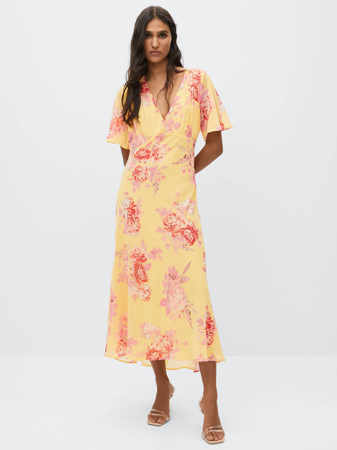 MANGO Yellow & Pink Floral Print Maxi Dress