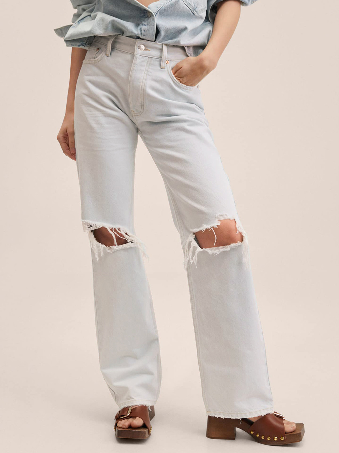 MANGO Women Blue Straight Fit High-Rise Slash Knee Jeans