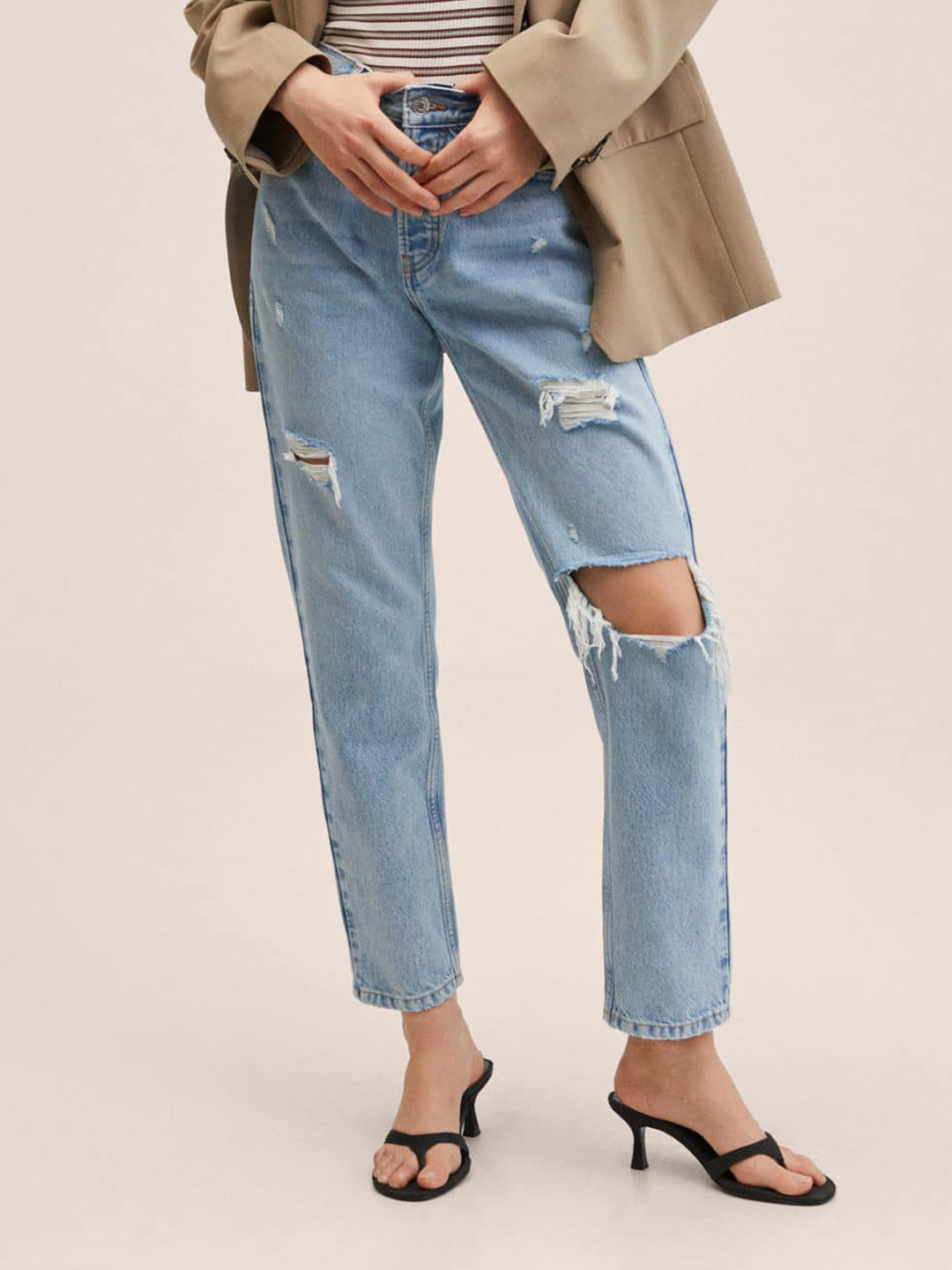 MANGO Women Blue Low-Rise Highly Distressed Heavy Fade Jeans