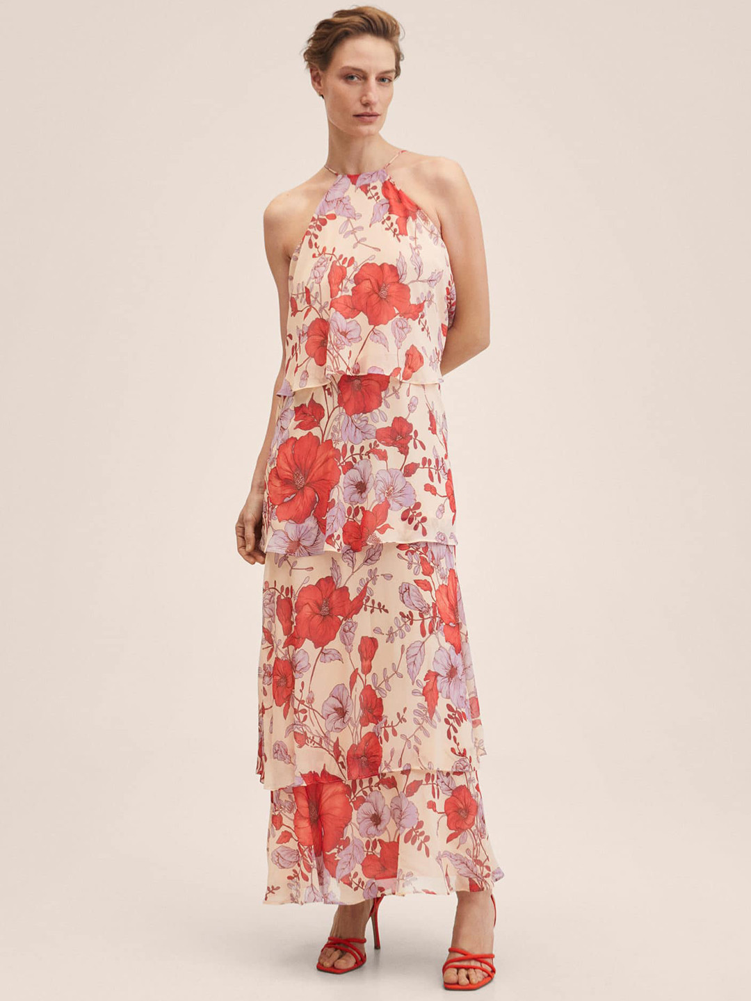 MANGO Peach-Coloured & Red Floral Print Layered Maxi Dress