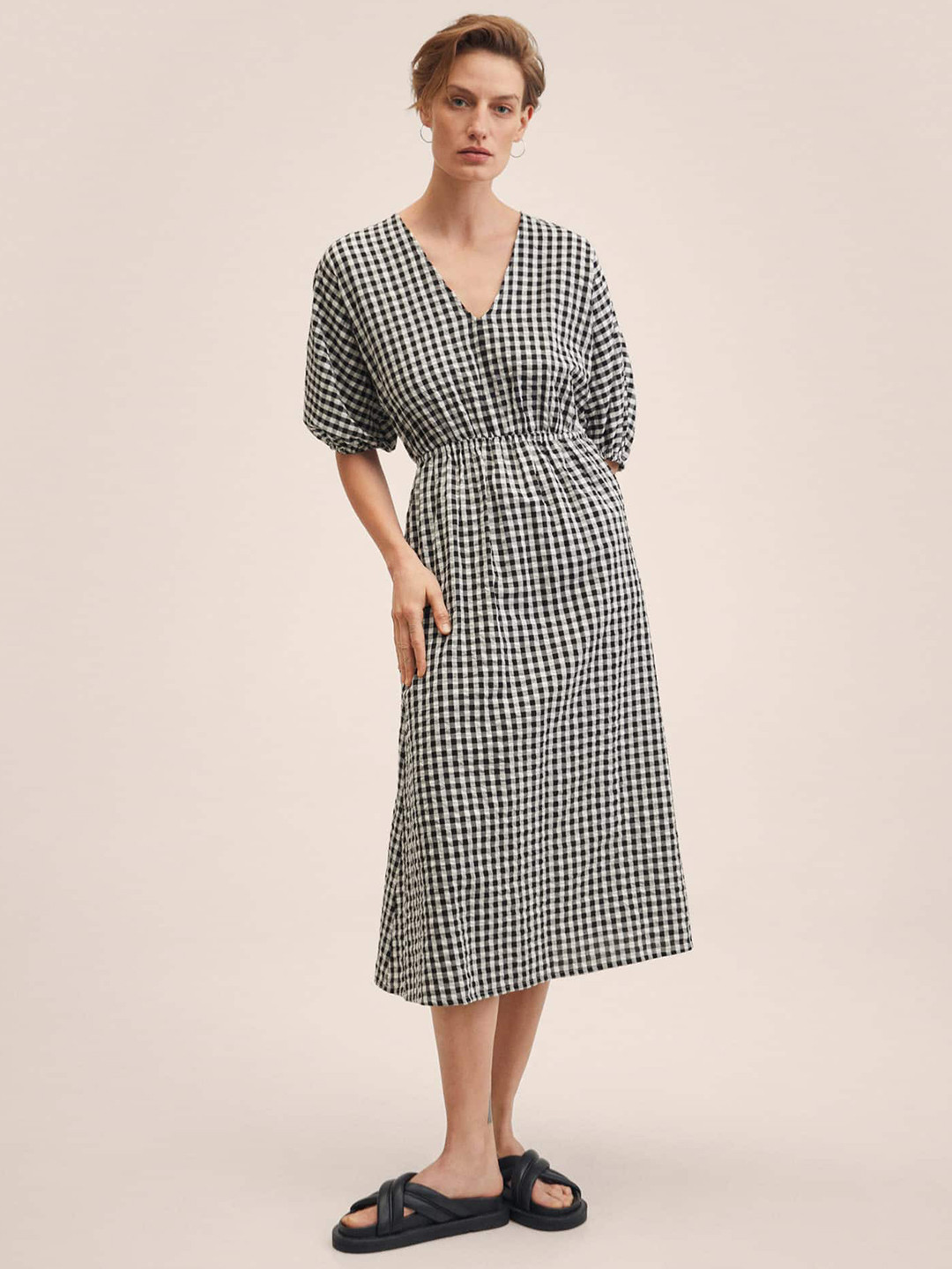 MANGO White & Black Checked Cotton A-Line Midi Dress