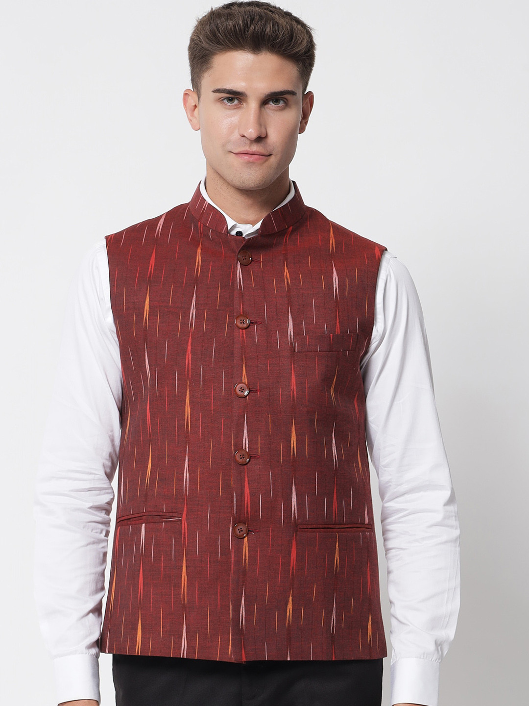 Vastraa Fusion Men Maroon Ikat Printed Nehru Jacket