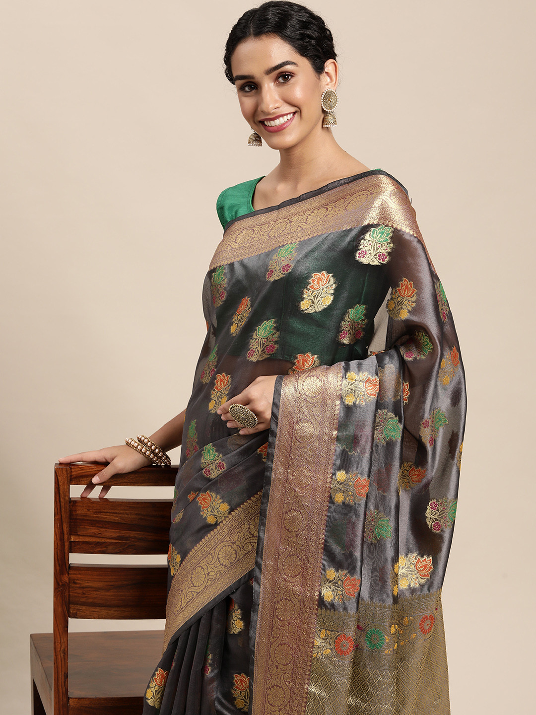 Mitera Grey Floral Zari Organza Kanjeevaram Saree